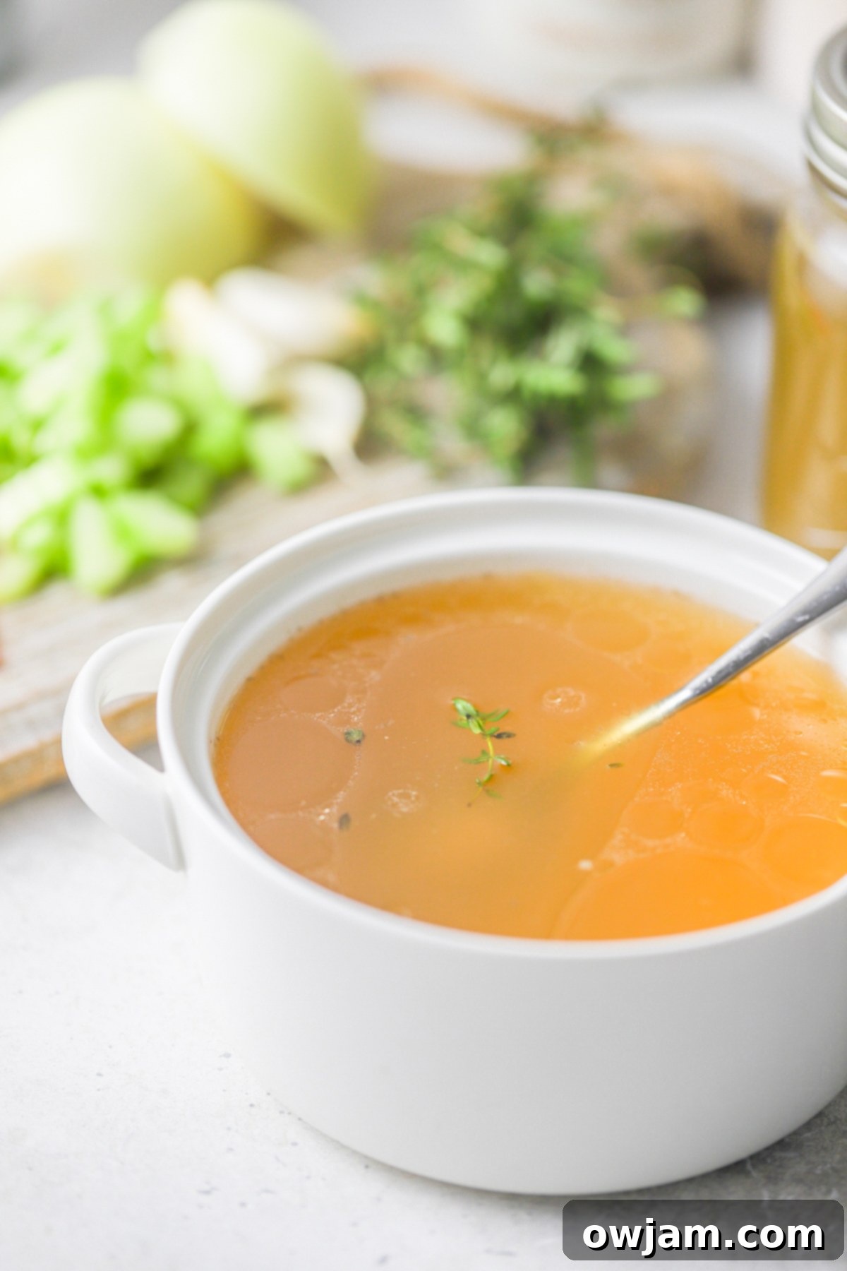 Slow-Simmered Chicken Broth 11 A bowl of Homemade Chicken Broth with a spoon resting inside, ready to be enjoyed.