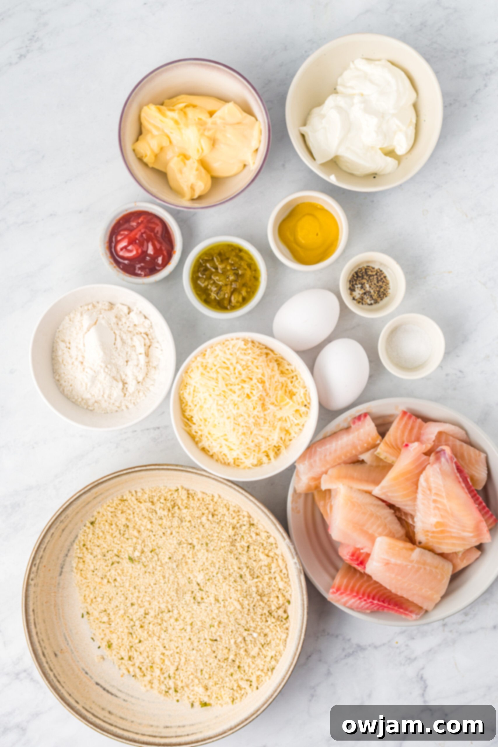 Close-up of fresh ingredients for Baked Parmesan Fish Sticks