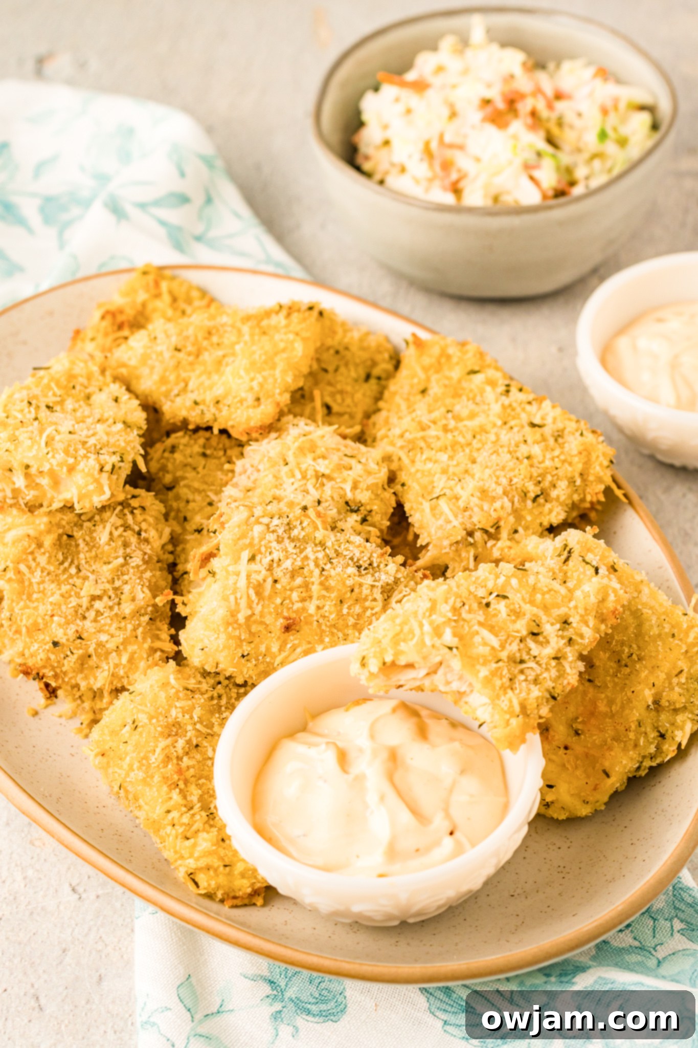 Baked Parmesan Fish Sticks served with homemade tartar sauce and lemon.