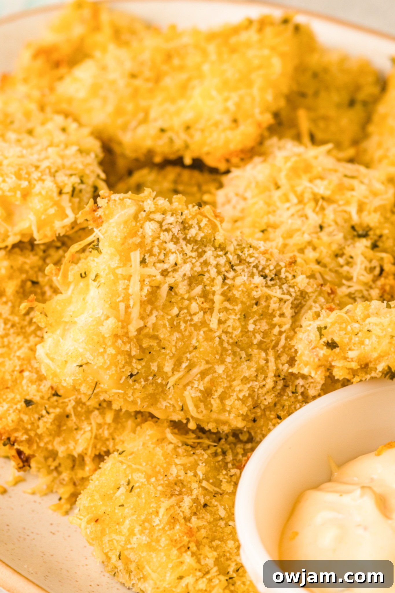 A single portion of crispy Baked Parmesan Fish Sticks on a white plate with sauce.