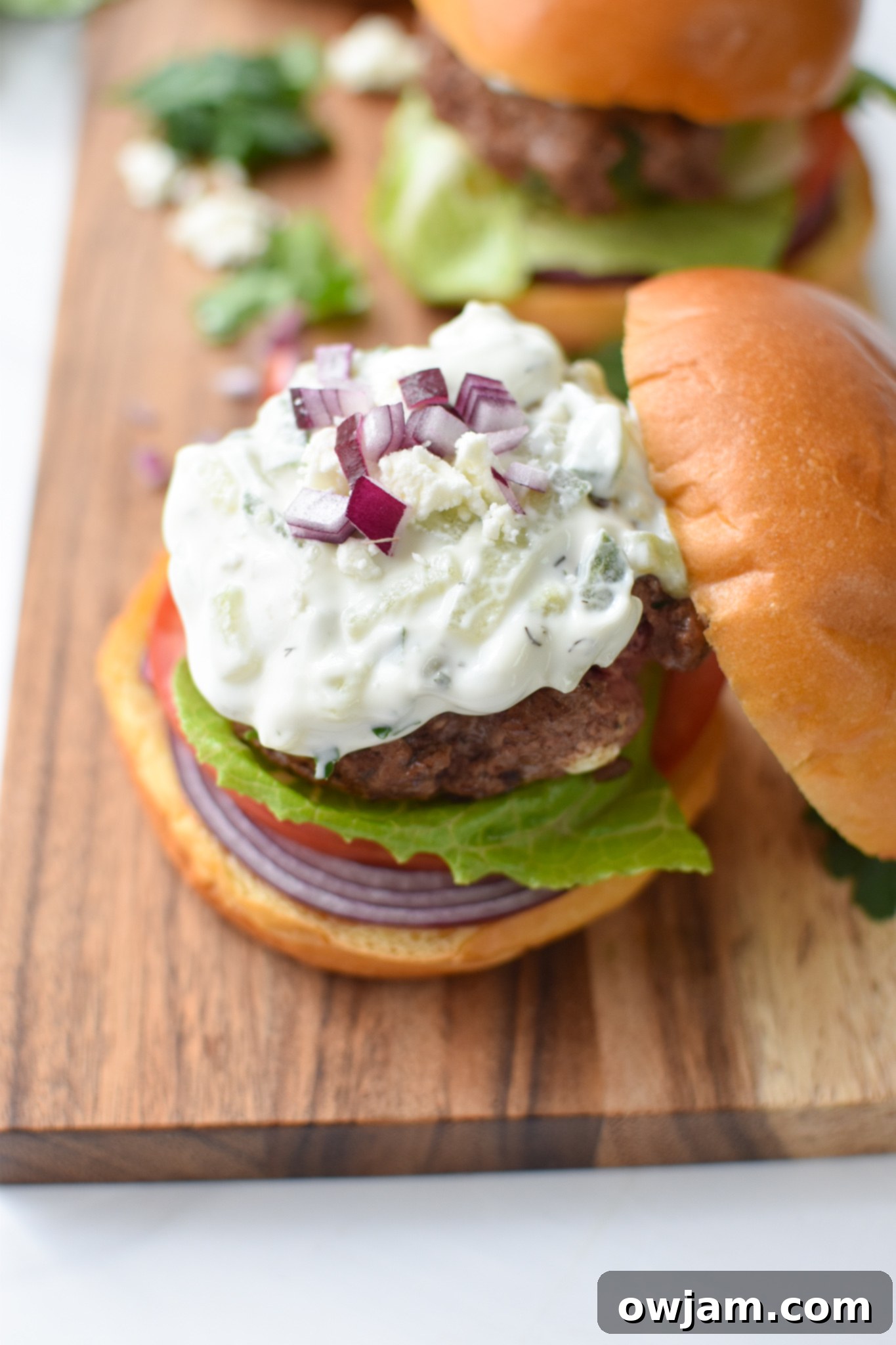 Assembled Feta Burger with Tzatziki, showing fresh red onion and other toppings peeking out.
