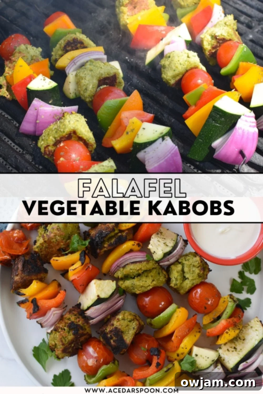 Falafel Vegetable Kabobs with logo.