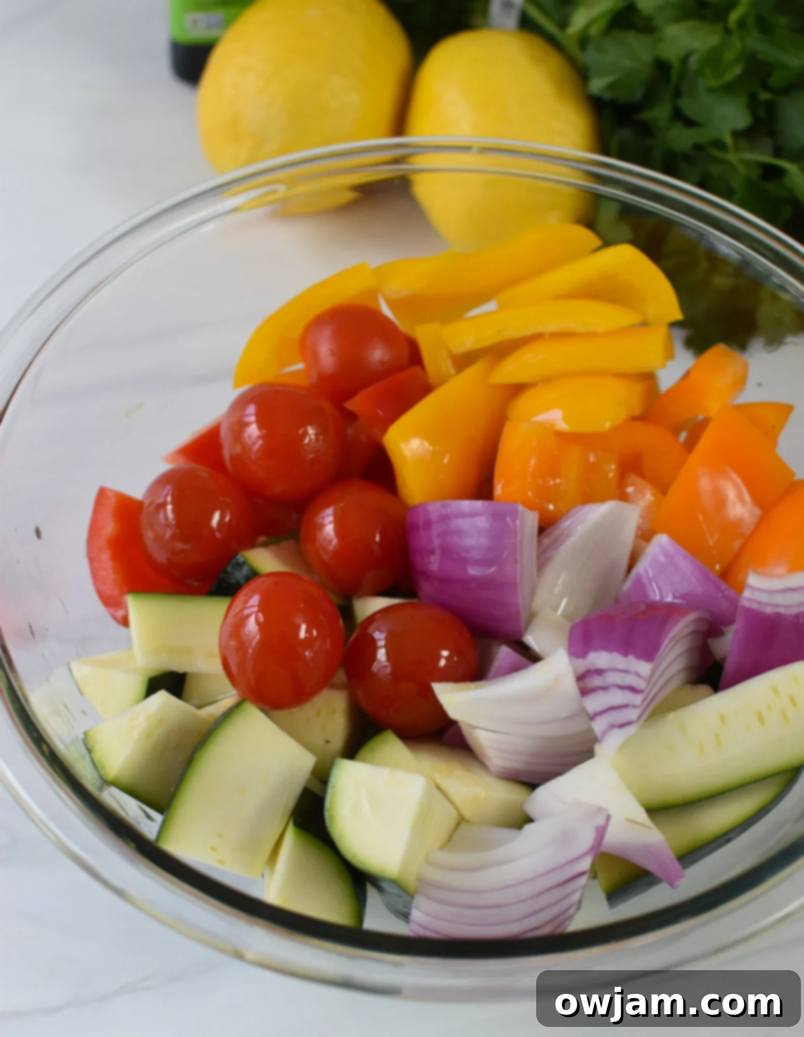 Falafel Vegetable Kabobs vegetables in a bowl. 