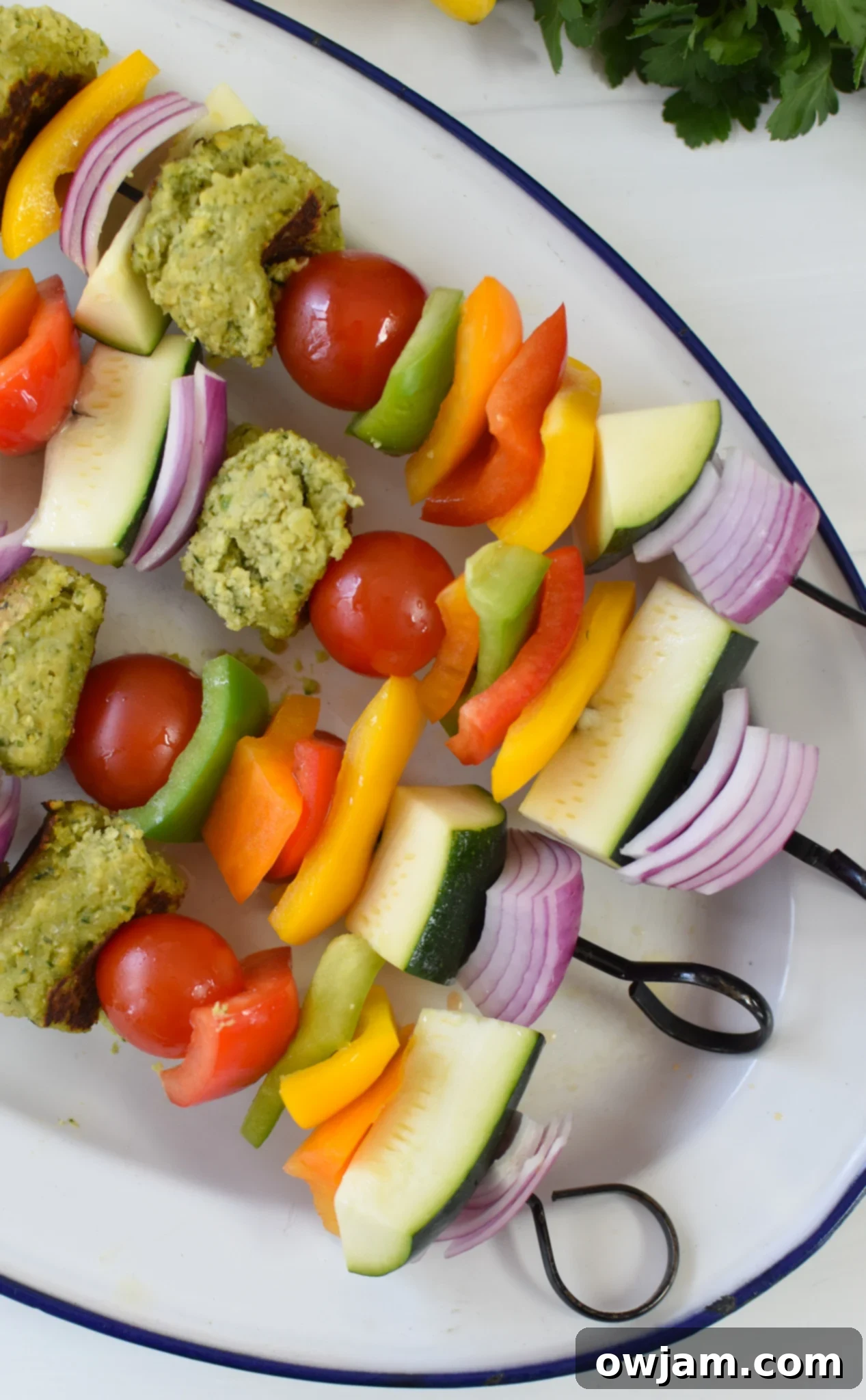 Falafel Vegetable Kabobs on a platter. 