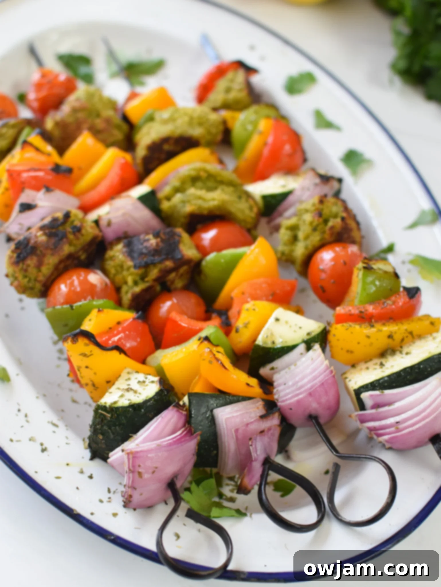 Falafel Vegetable Kabobs on a white platter. 