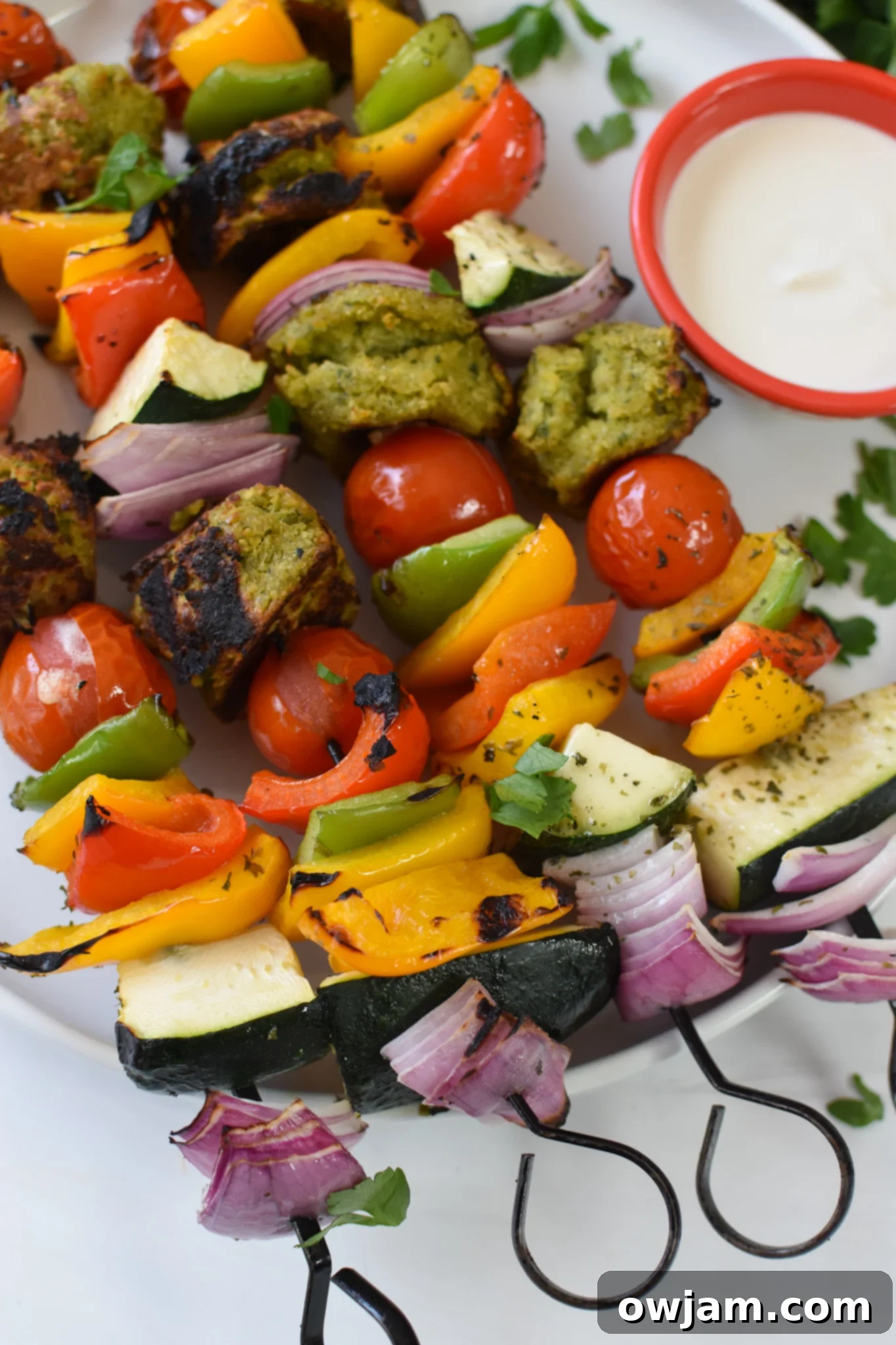 Falafel Vegetable Kabobs with tahini sauce. 