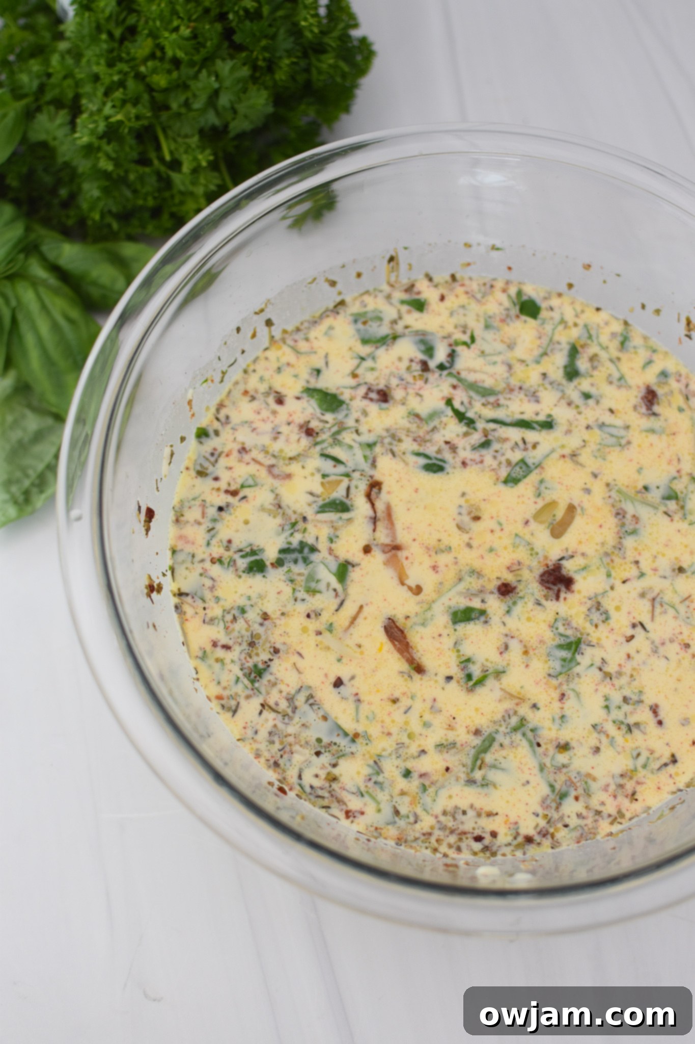 Caprese Quiche Lorraine Delight 6 Caprese Quiche Lorraine Recipe ingredients in a bowl.