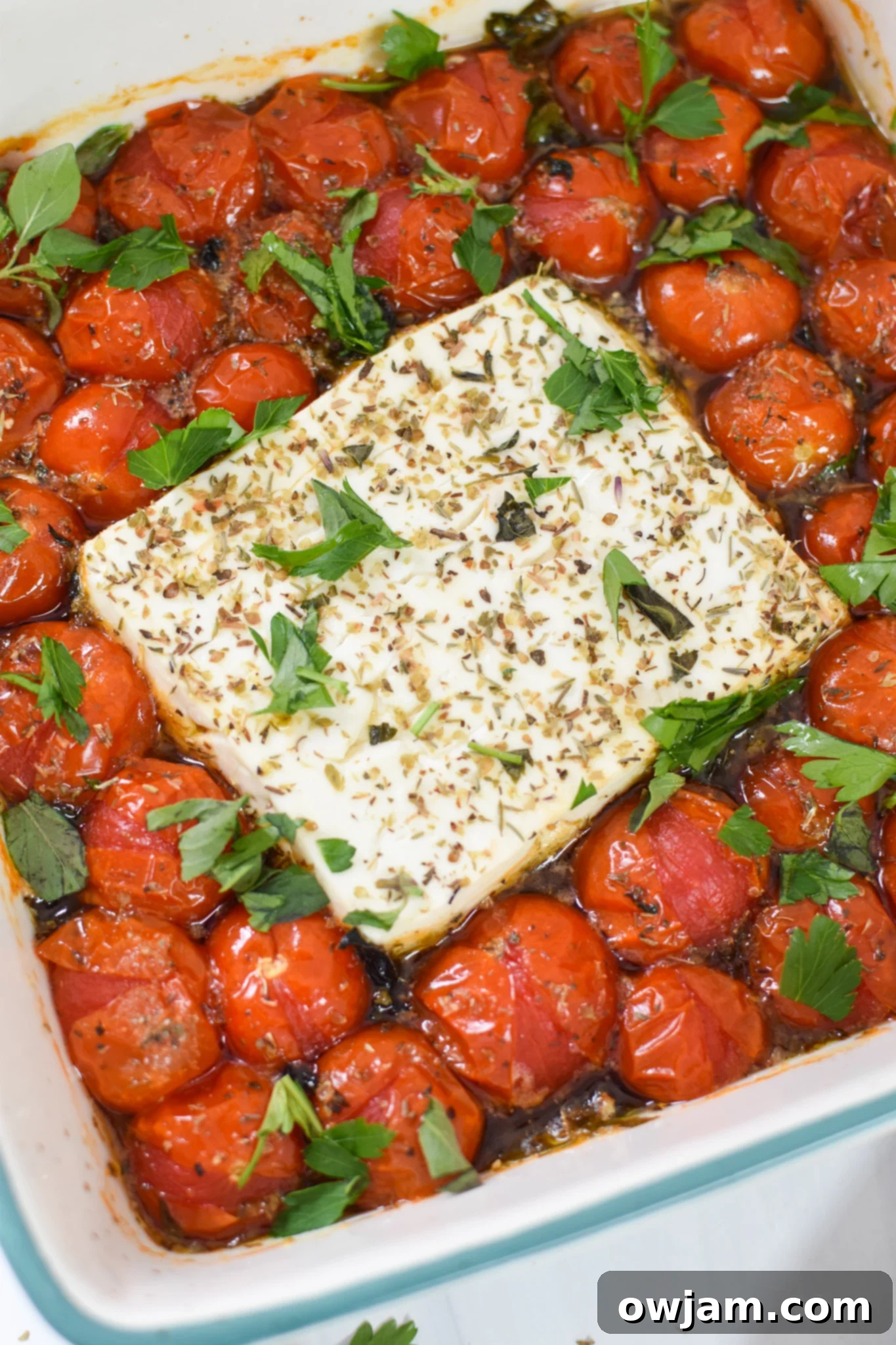 Simple Baked Feta Perfection 2 Easy Baked Feta Recipe with fresh herbs. A block of creamy feta cheese is baked with vibrant cherry tomatoes, rich olive oil, and fragrant fresh herbs, ready to be served.