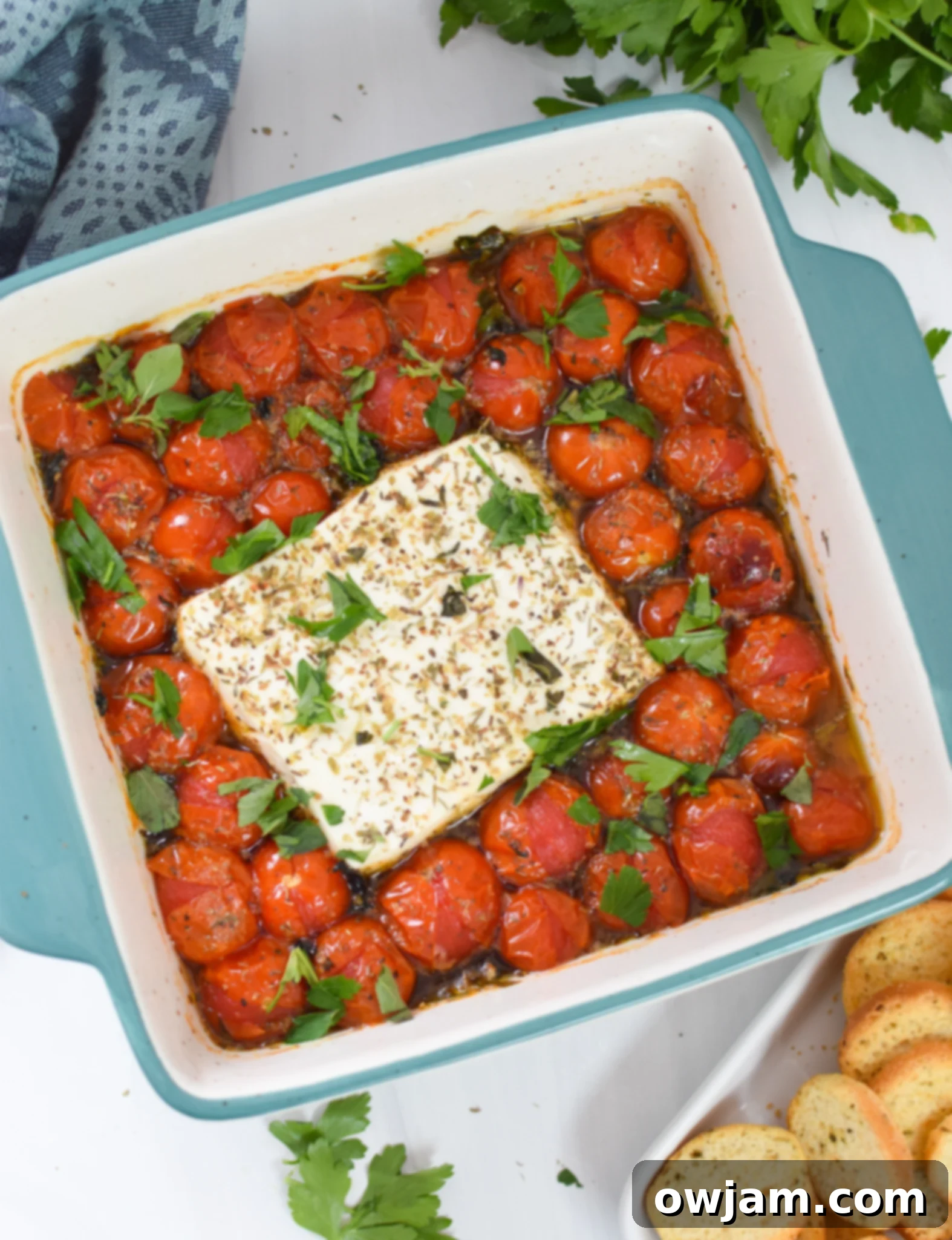 Simple Baked Feta Perfection 7 Easy Baked Feta Recipe garnished with fresh parsley, ready to be served.