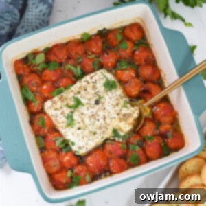 Simple Baked Feta Perfection 10 Easy Baked Feta Recipe in a blue baking dish.