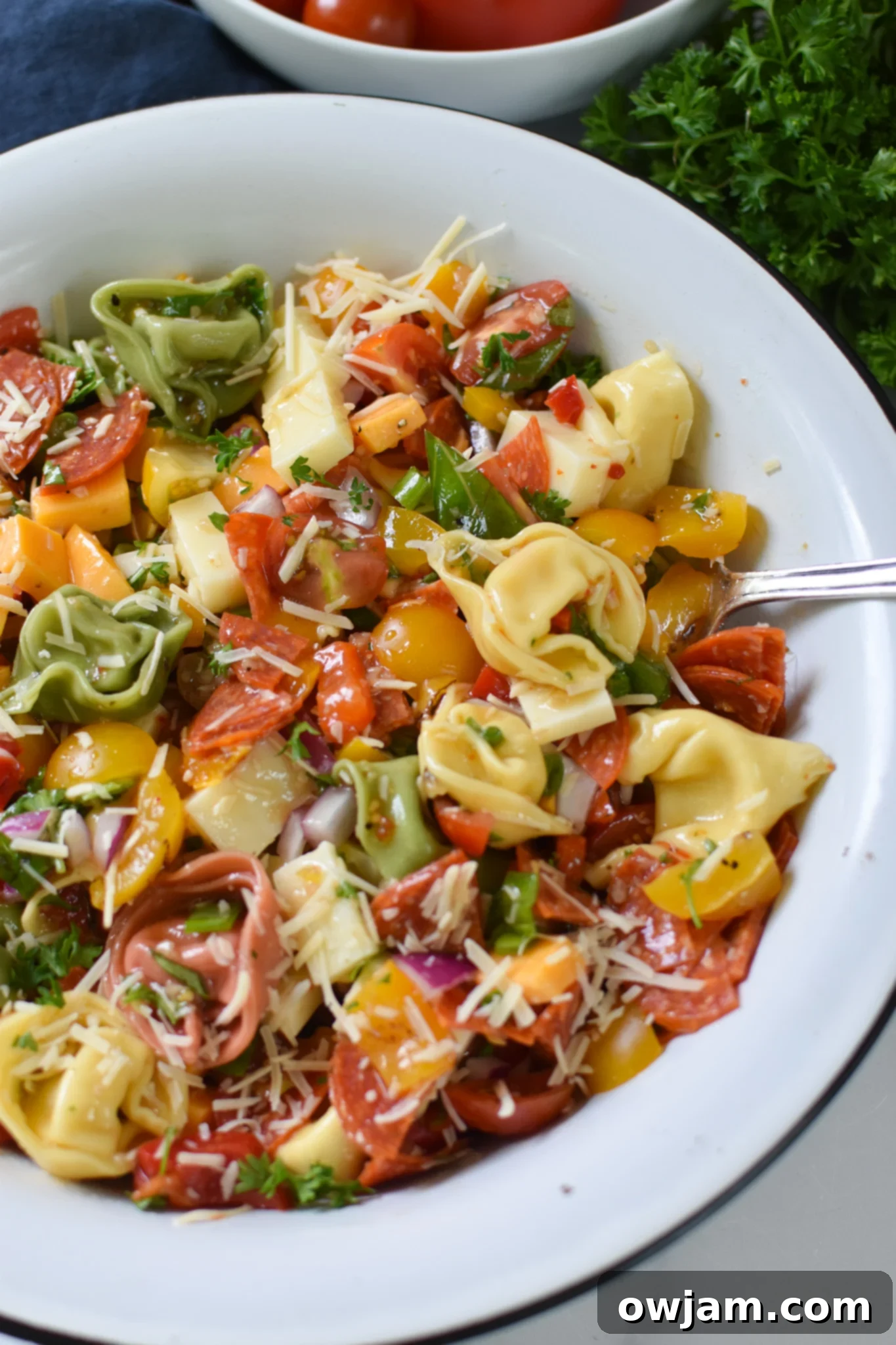 Italian Tortellini Salad in a white bowl.