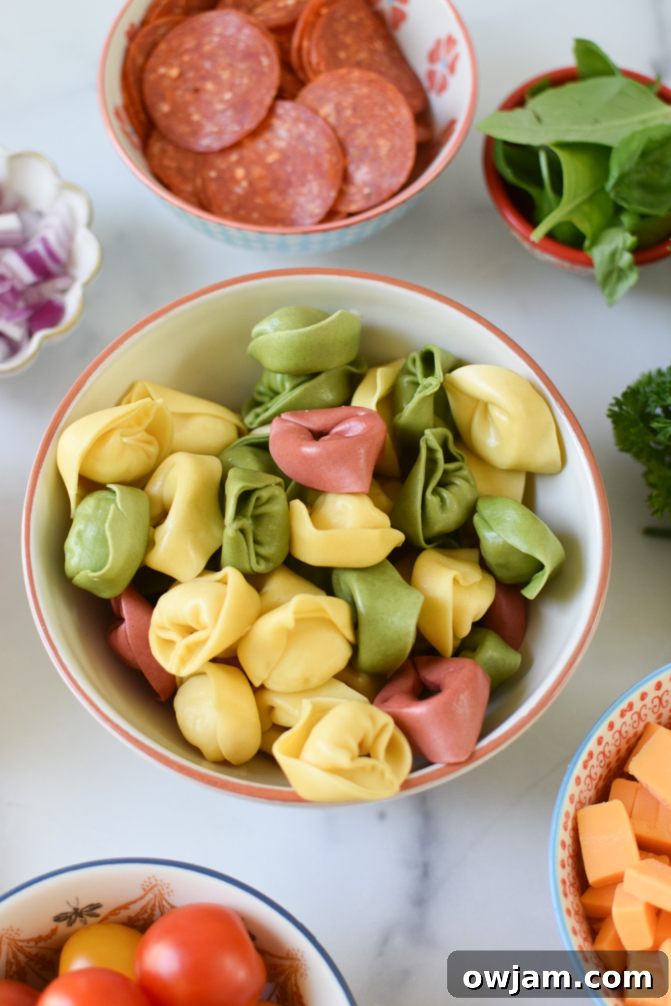 Italian Tortellini Salad tortellini in a small bow.l.