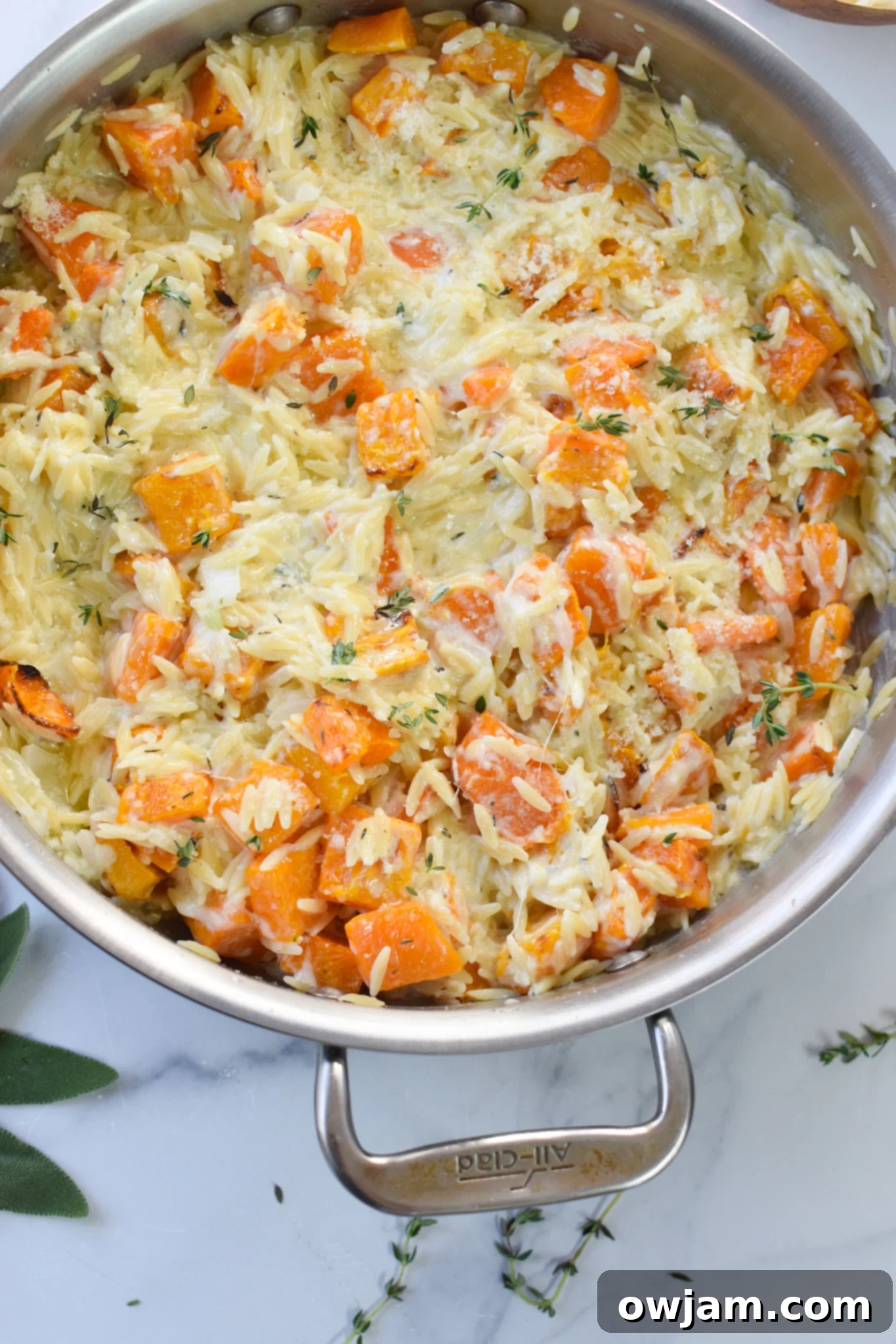 Golden Cheesy Butternut Squash Orzo 7 Cheesy Butternut Squash Orzo in a large silver skillet.