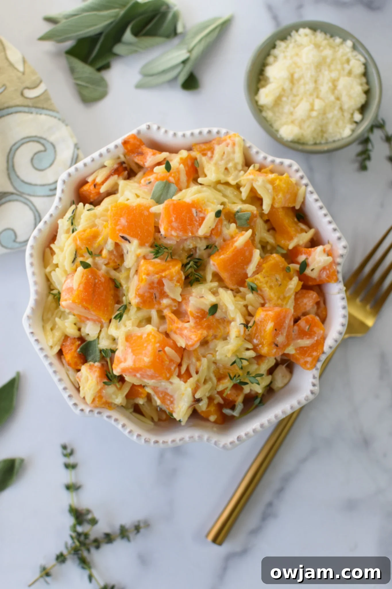 Golden Cheesy Butternut Squash Orzo 8 Cheesy Butternut Squash Orzo in a flower bowl.