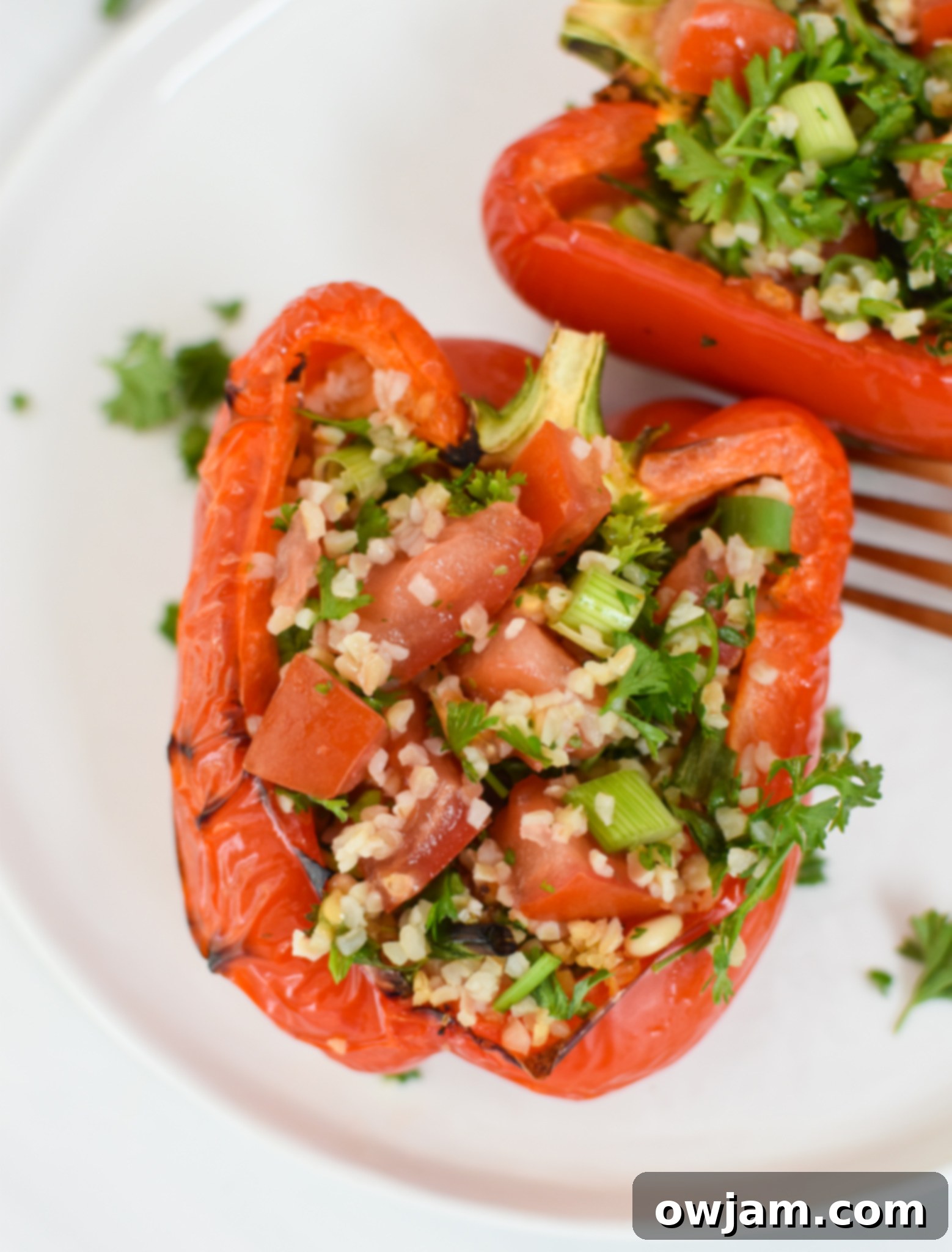 Zesty Tabbouleh Stuffed Peppers 9 Vegan Stuffed Peppers Recipe with cooked tabbouleh in peppers, garnished and ready to serve.