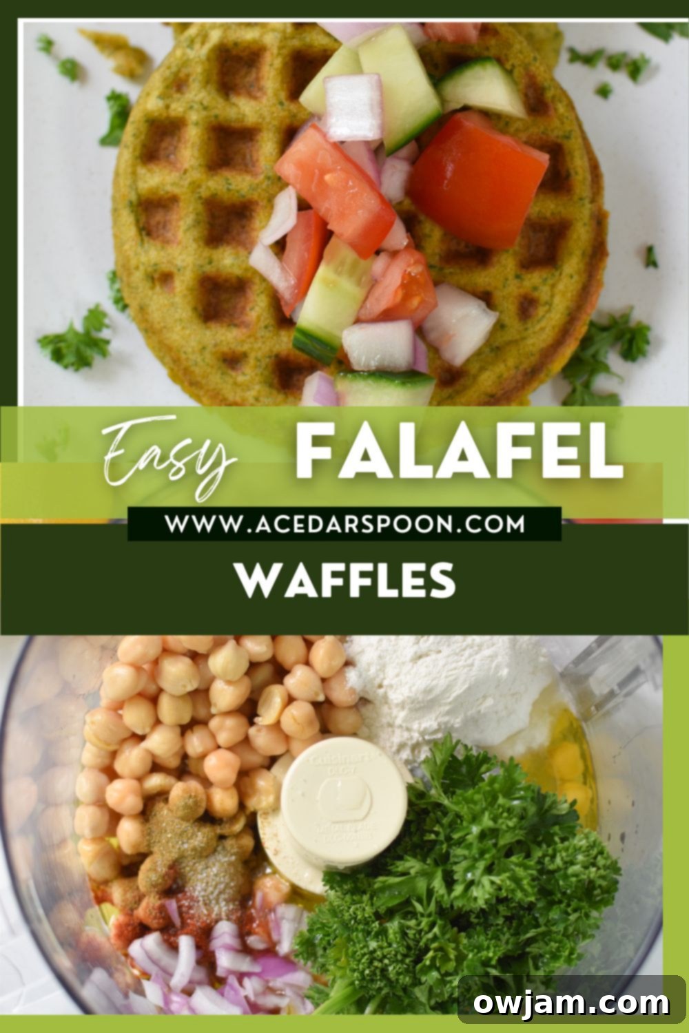 A stylized image of Falafel Waffles with the A Cedar Spoon logo, highlighting the brand.