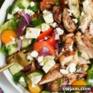 Sun-Kissed Grilled Chicken Greek Salad 10 A close-up of the delicious Grilled Chicken Greek Salad.
