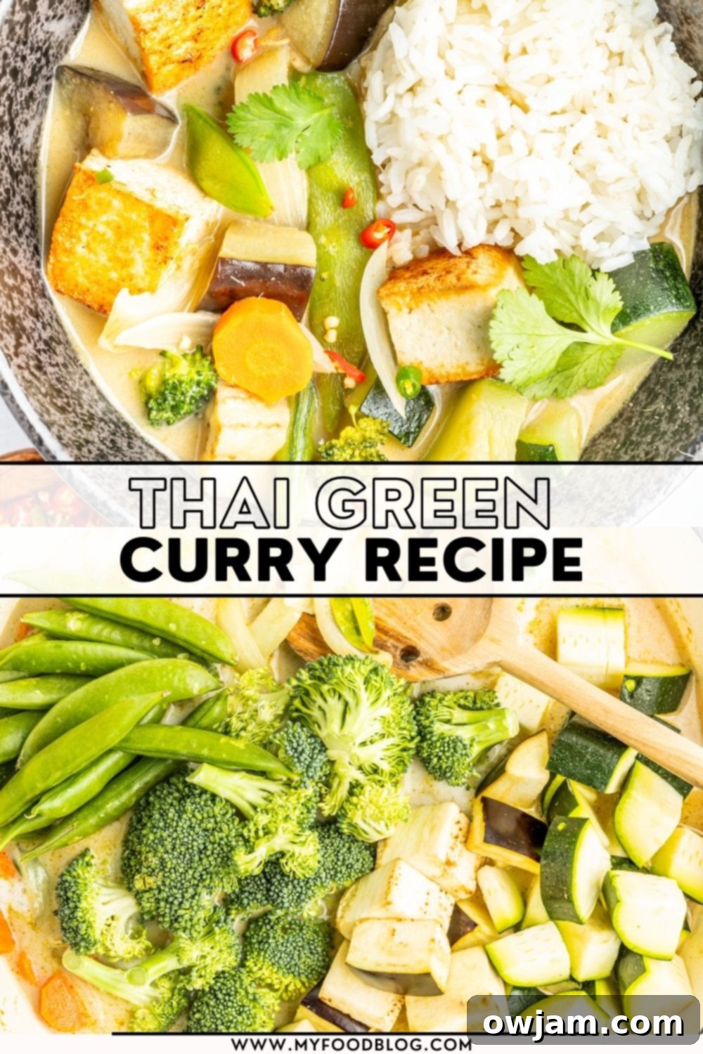 A beautifully presented bowl of Thai Vegetable Green Curry, garnished with fresh herbs and a brand logo in the corner.