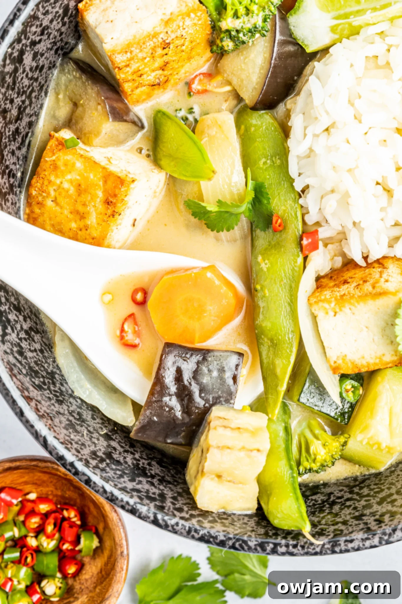A close-up of a spoon dipping into the creamy Thai Vegetable Green Curry, showcasing the rich sauce and tender vegetables.