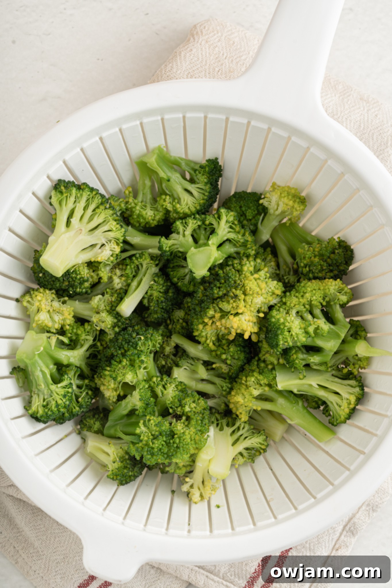 Creamy Broccoli Pasta Recipe broccoli in a strainer.