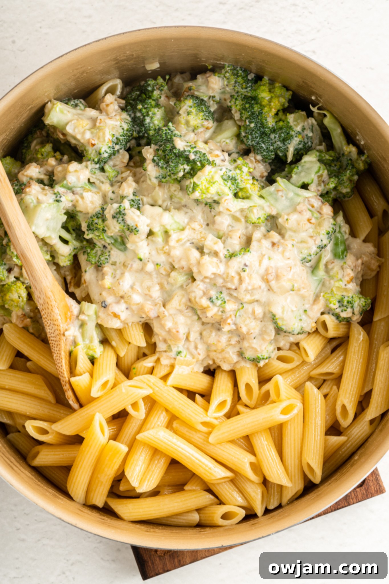 Creamy Broccoli Pasta Recipe ingredients in a pot.