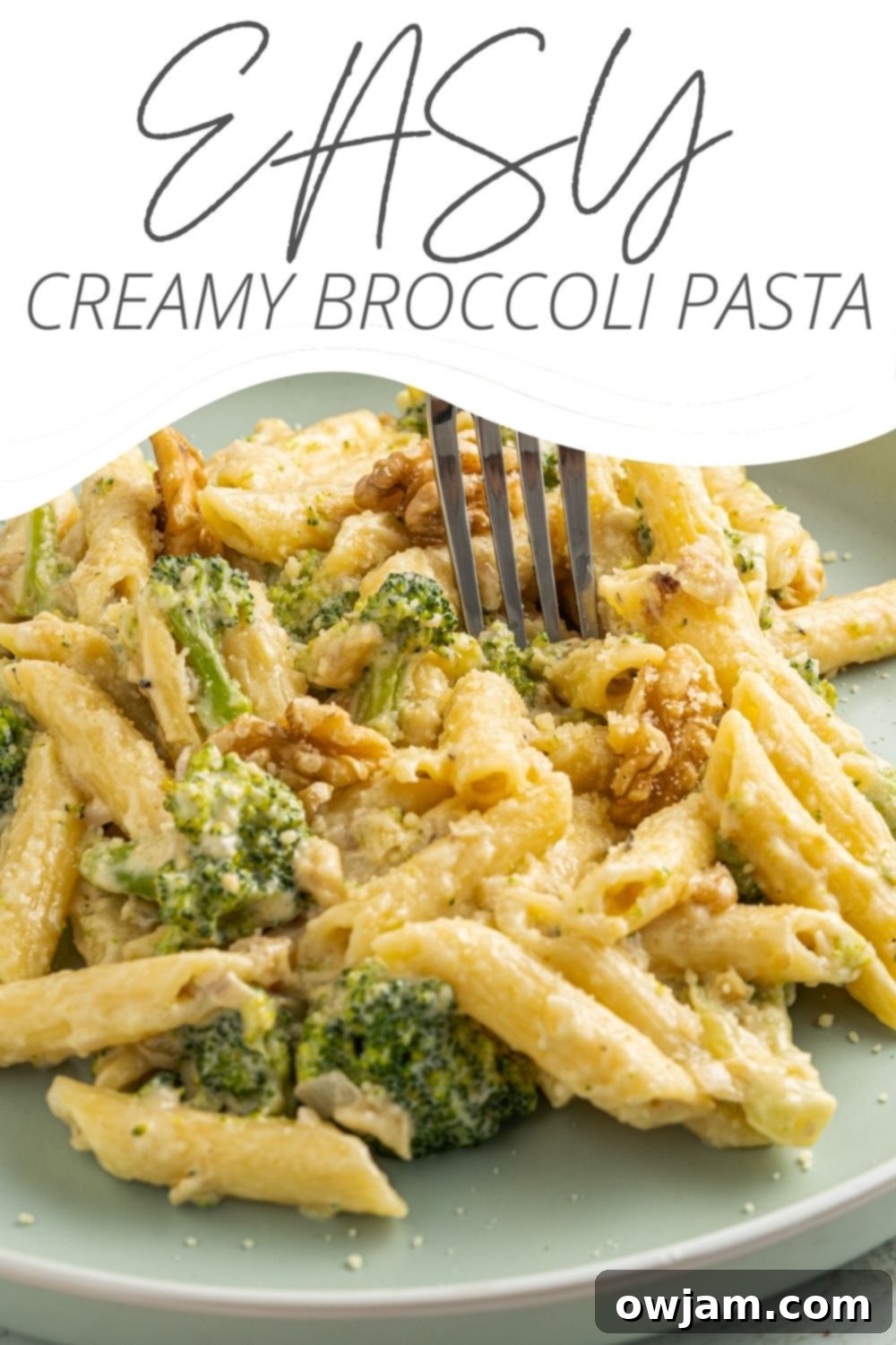 Creamy Broccoli Pasta Recipe with logo.