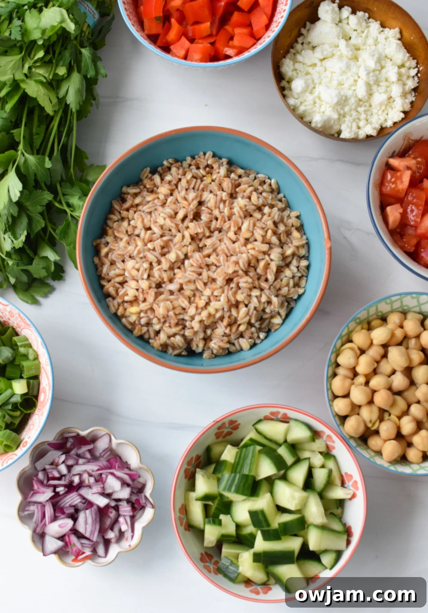 Vibrant Mediterranean Farro Bowl 4 Mediterranean Farro Salad ingredients.