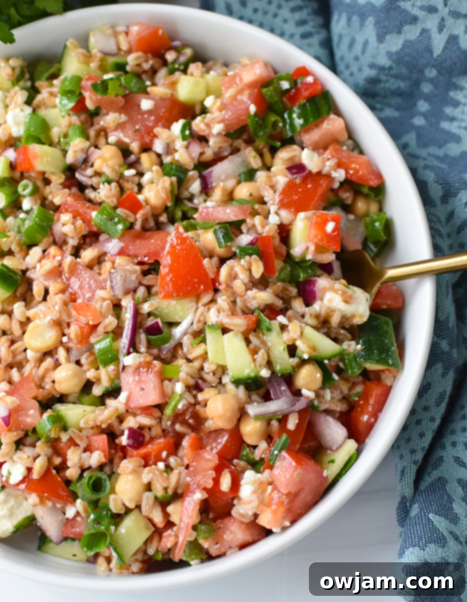 Vibrant Mediterranean Farro Bowl 5 Mediterranean Farro Salad with a gold spoon.