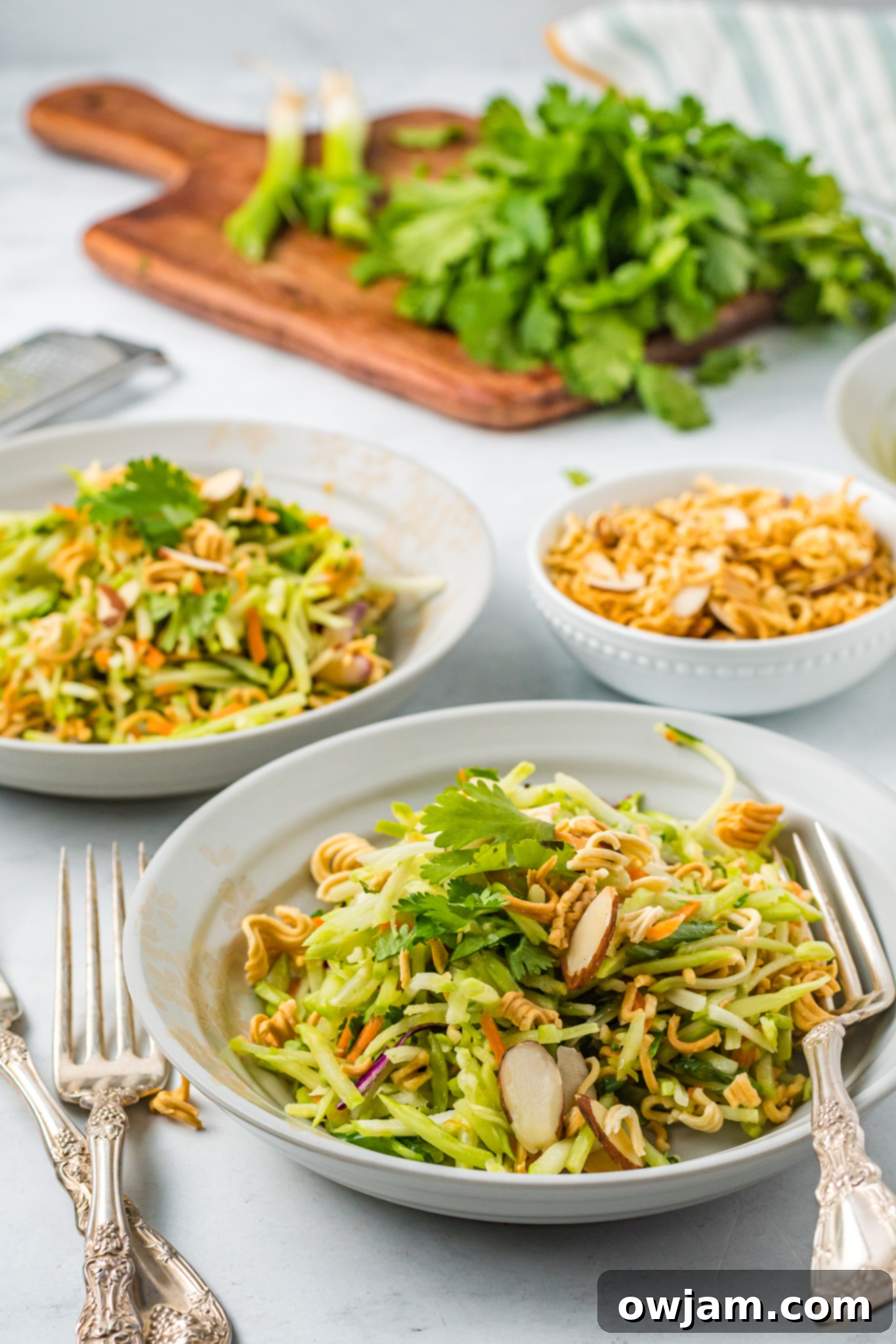 Zesty Broccoli Slaw 2 Broccoli Slaw Recipe in bowls, ready to serve.