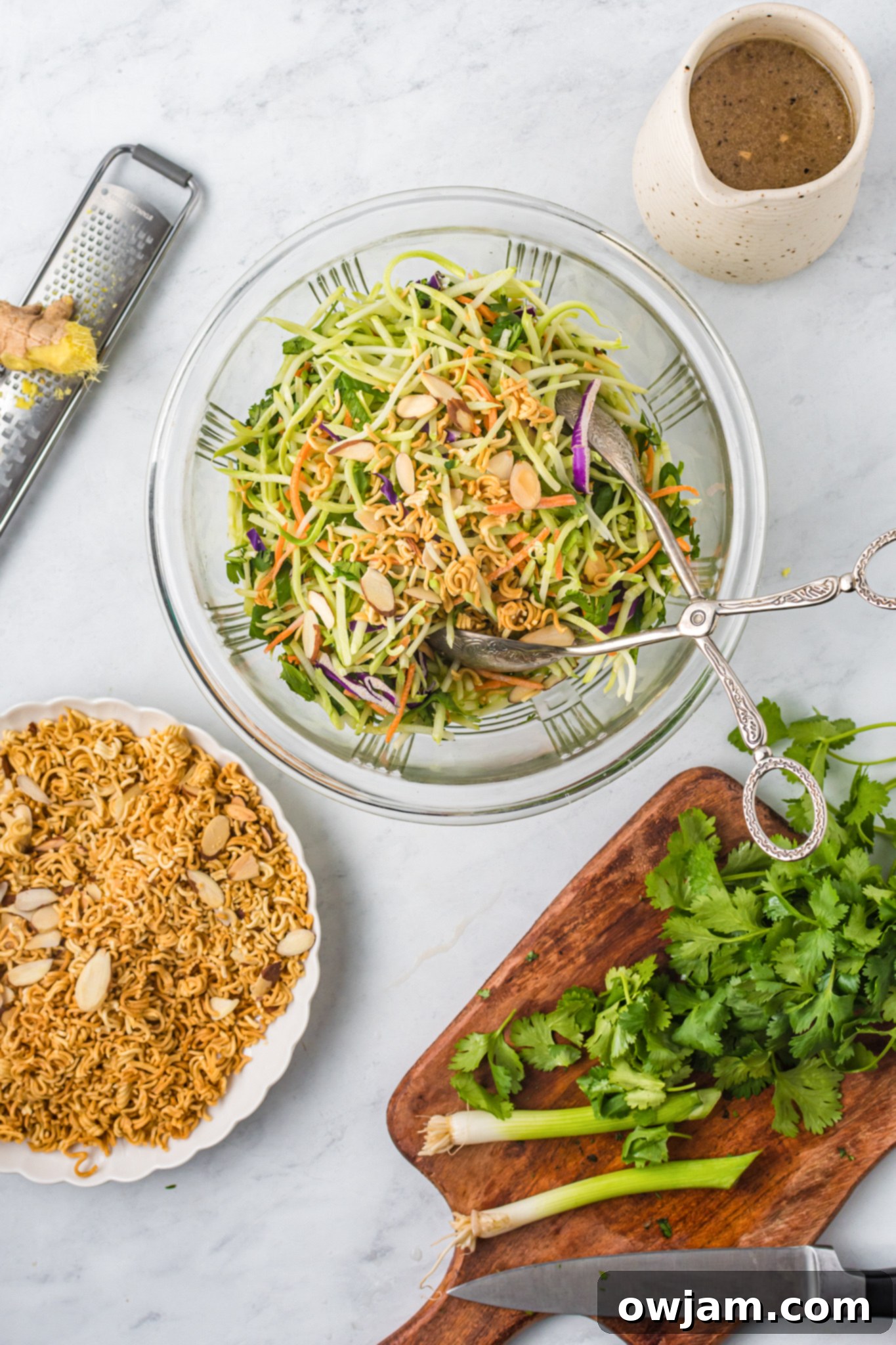 Zesty Broccoli Slaw 7 Broccoli Slaw Recipe ingredients being combined.