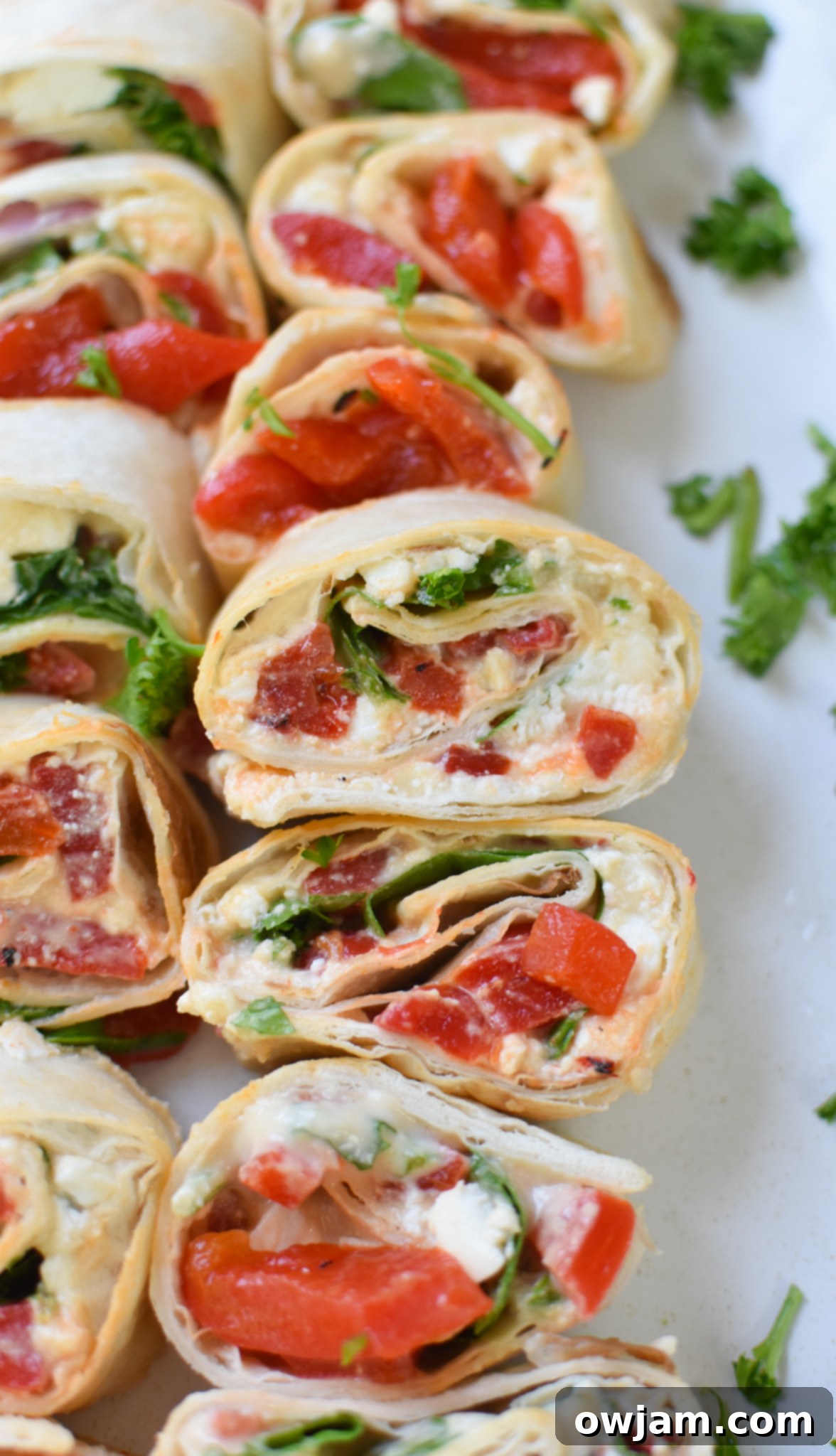 Savory Mediterranean Spirals 7 A white platter filled with neatly arranged Mediterranean Pinwheels, ready to be served.