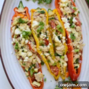 Flavorful Mediterranean Tuna Couscous Stuffed Bell Peppers 10 Mediterranean Tuna Couscous Stuffed Peppers on a white platter.