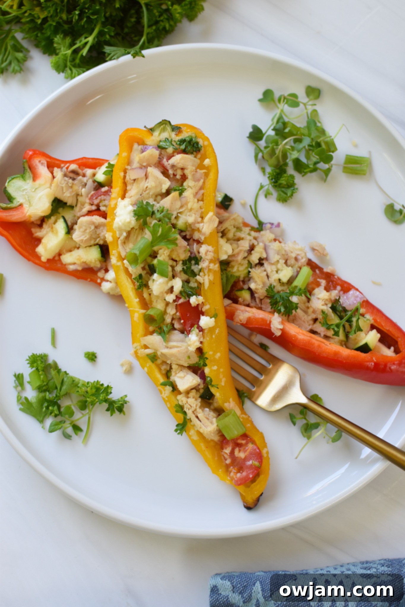 Flavorful Mediterranean Tuna Couscous Stuffed Bell Peppers 3 A close-up of a Mediterranean Tuna Couscous Stuffed Pepper with a gold fork, highlighting its texture and inviting appearance.