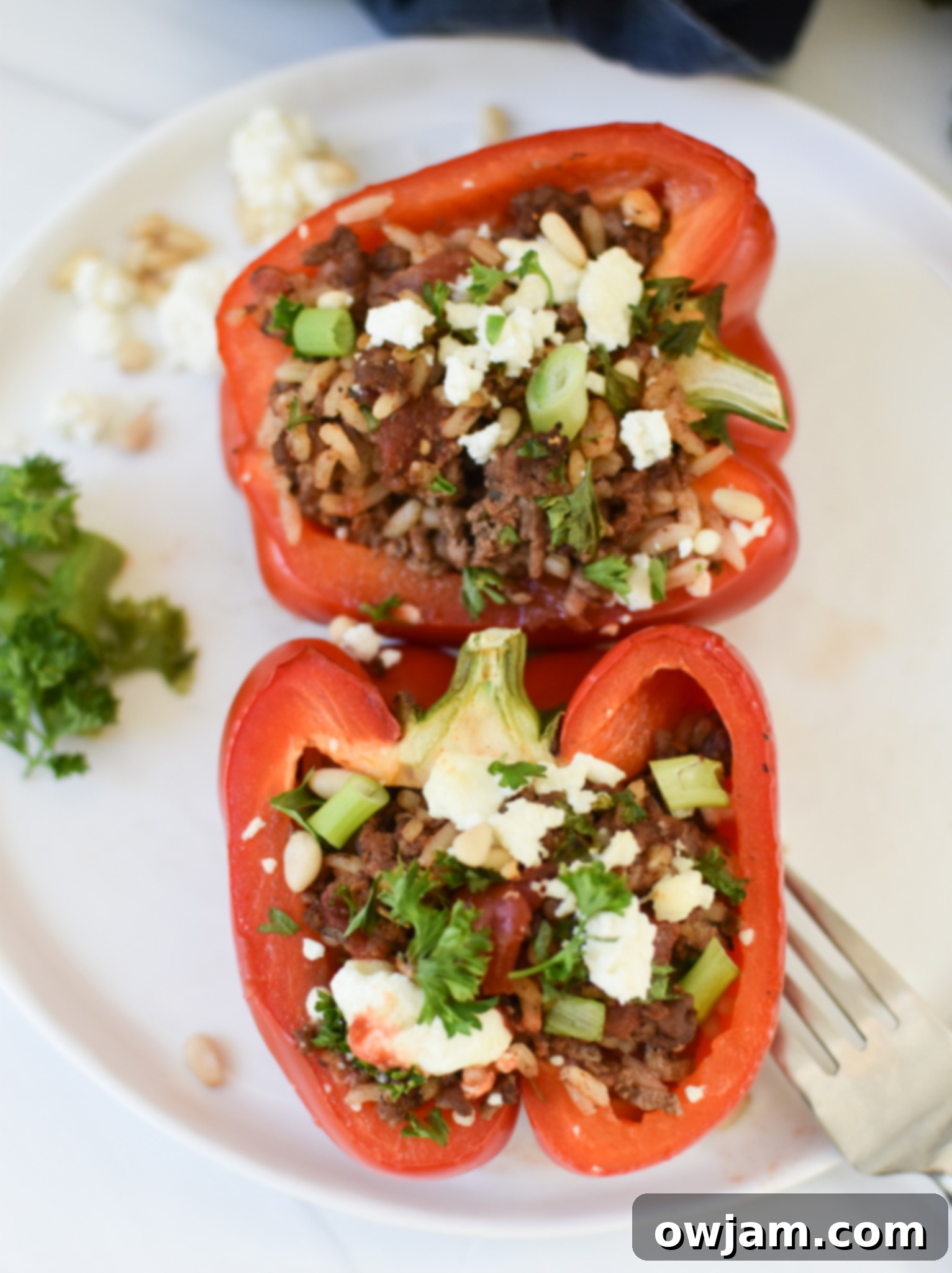 Mediterranean Ground Beef Stuffed Peppers on a white plate.