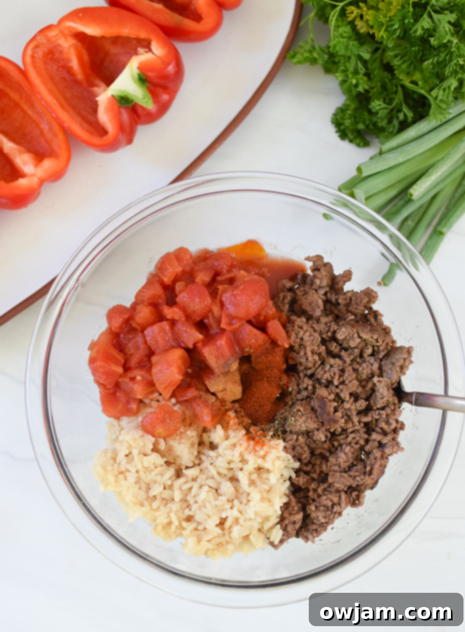 Mediterranean Ground Beef Stuffed Peppers stuffing in a bowl.