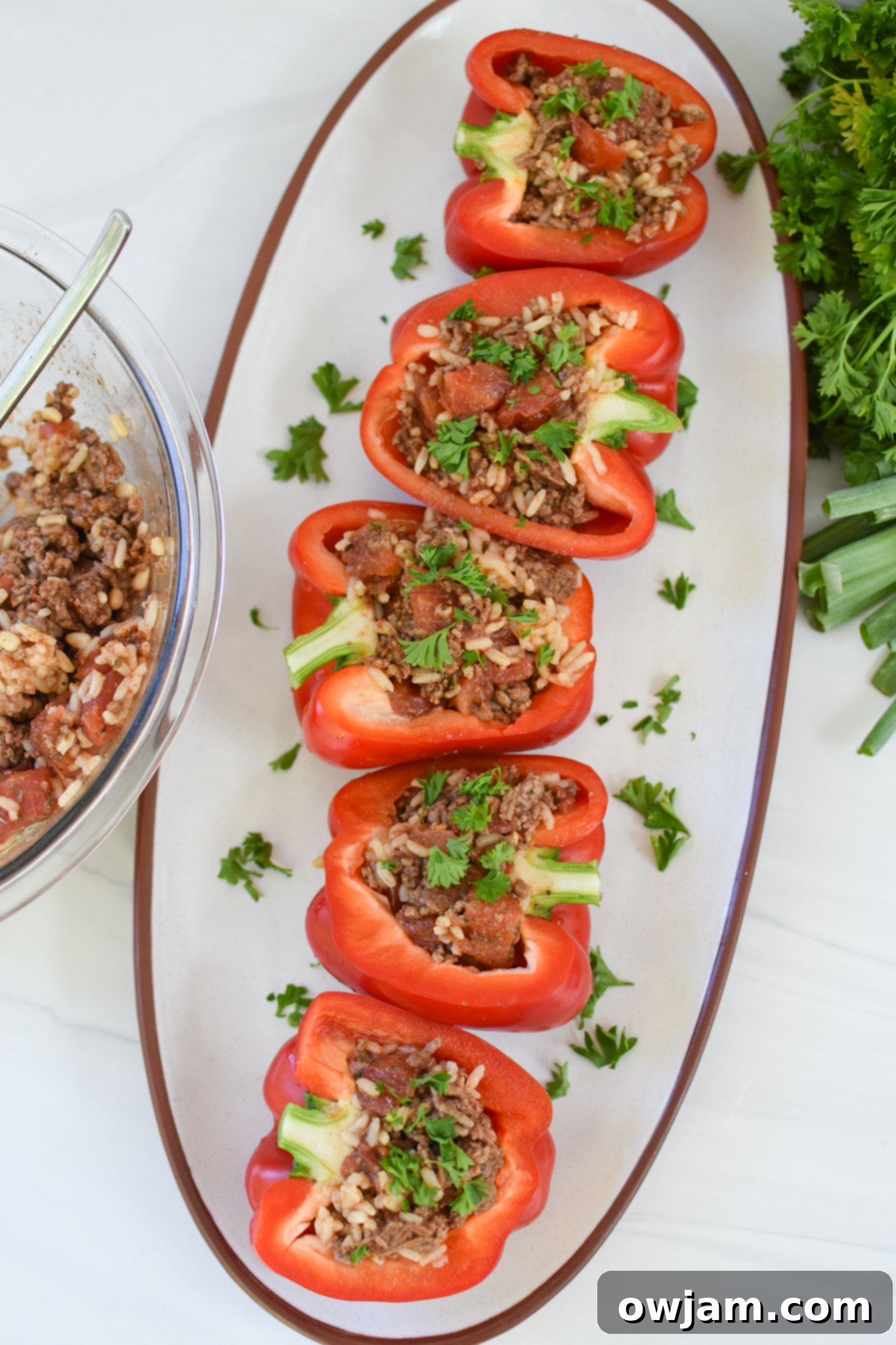 Mediterranean Ground Beef Stuffed Peppers on a white plate.