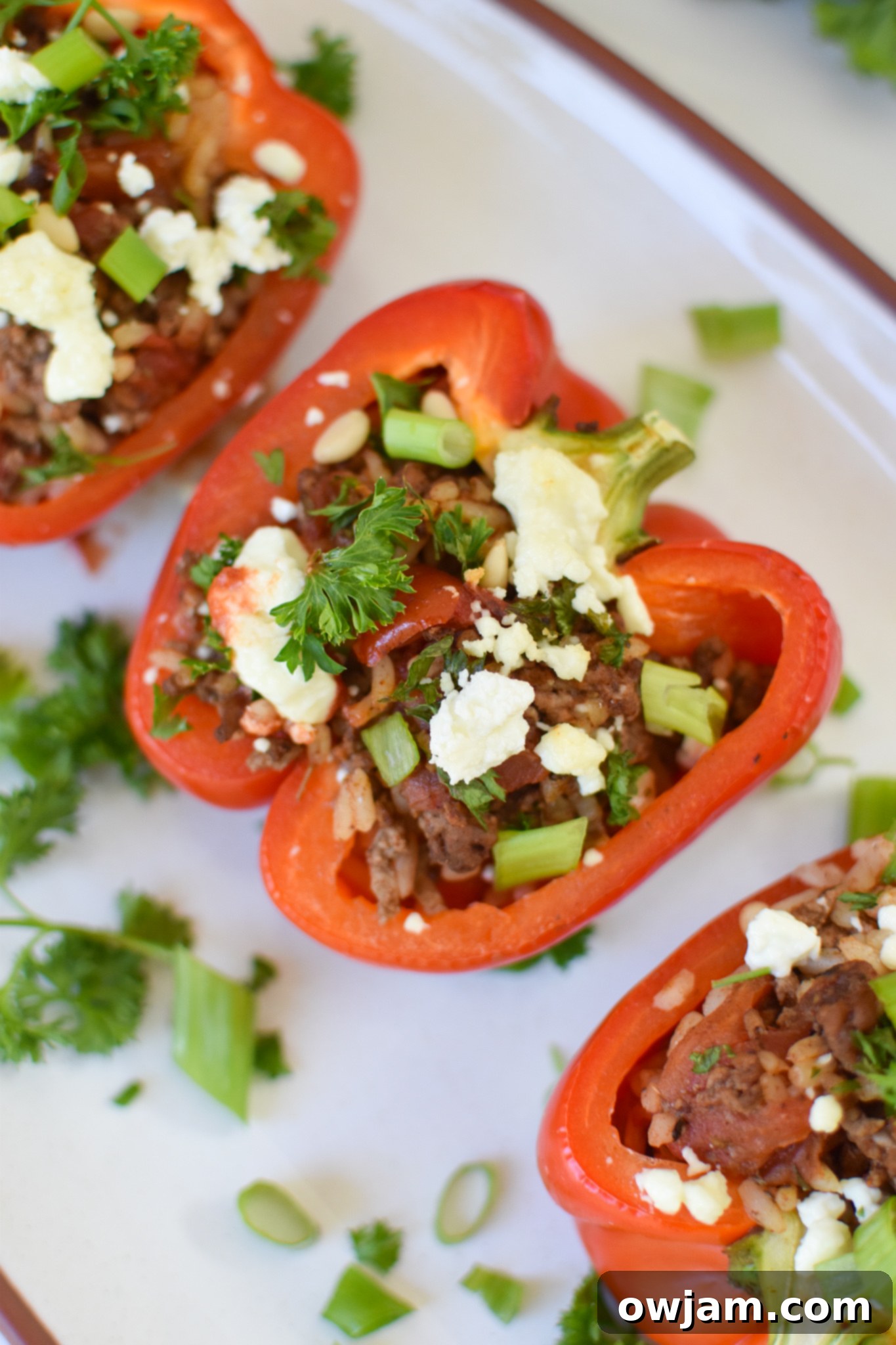 Mediterranean Ground Beef Stuffed Peppers with feta cheese.