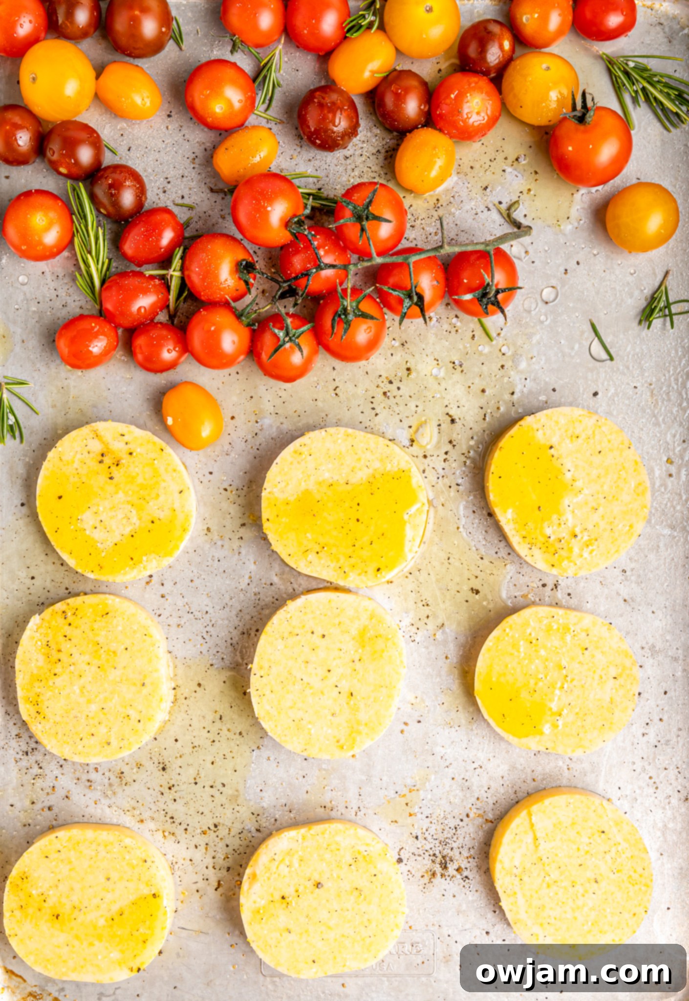 Golden Polenta Towers 7 Crispy Polenta Stacks on a baking sheet.