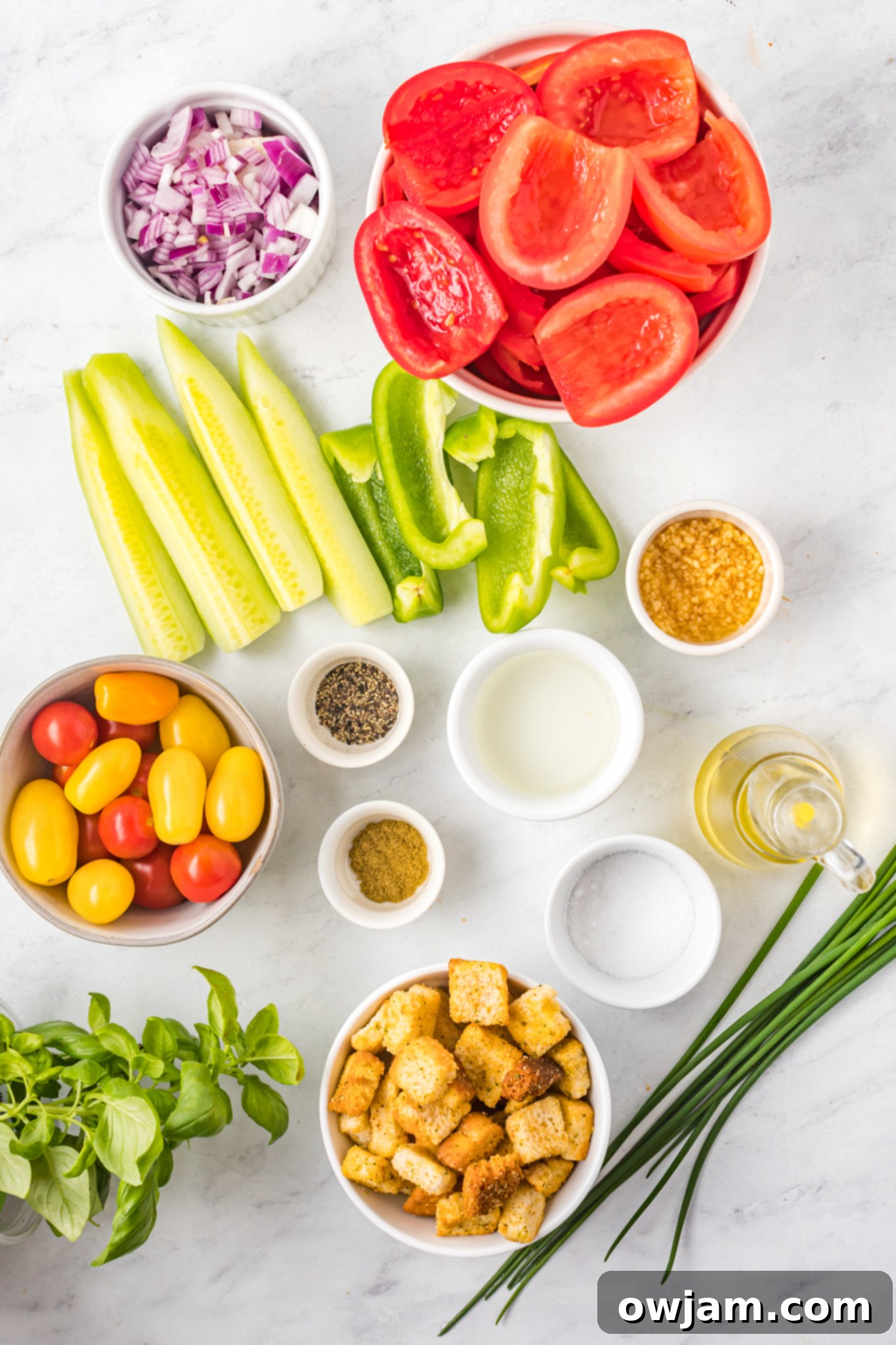 Easy Gazpacho Recipe ingredients laid out on a table.