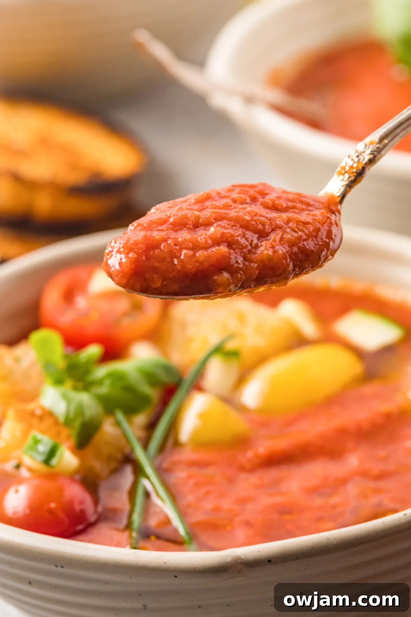Easy Gazpacho Recipe with spoon in a bowl.
