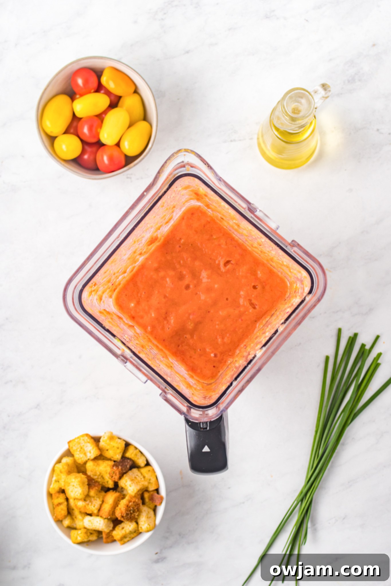 Easy Gazpacho Recipe blended to a smooth consistency in a blender.