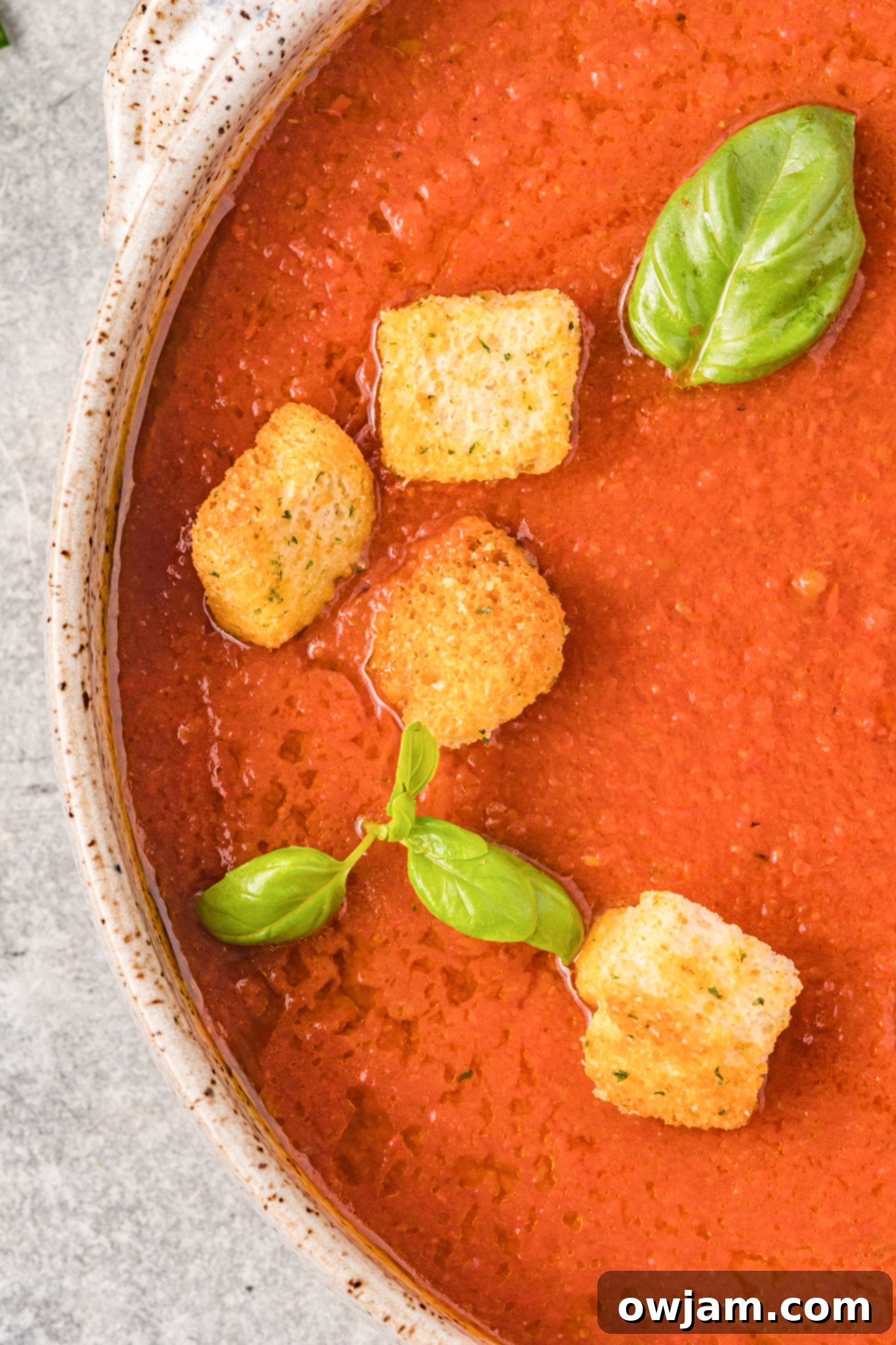 Easy Gazpacho Recipe with fresh basil leaves.