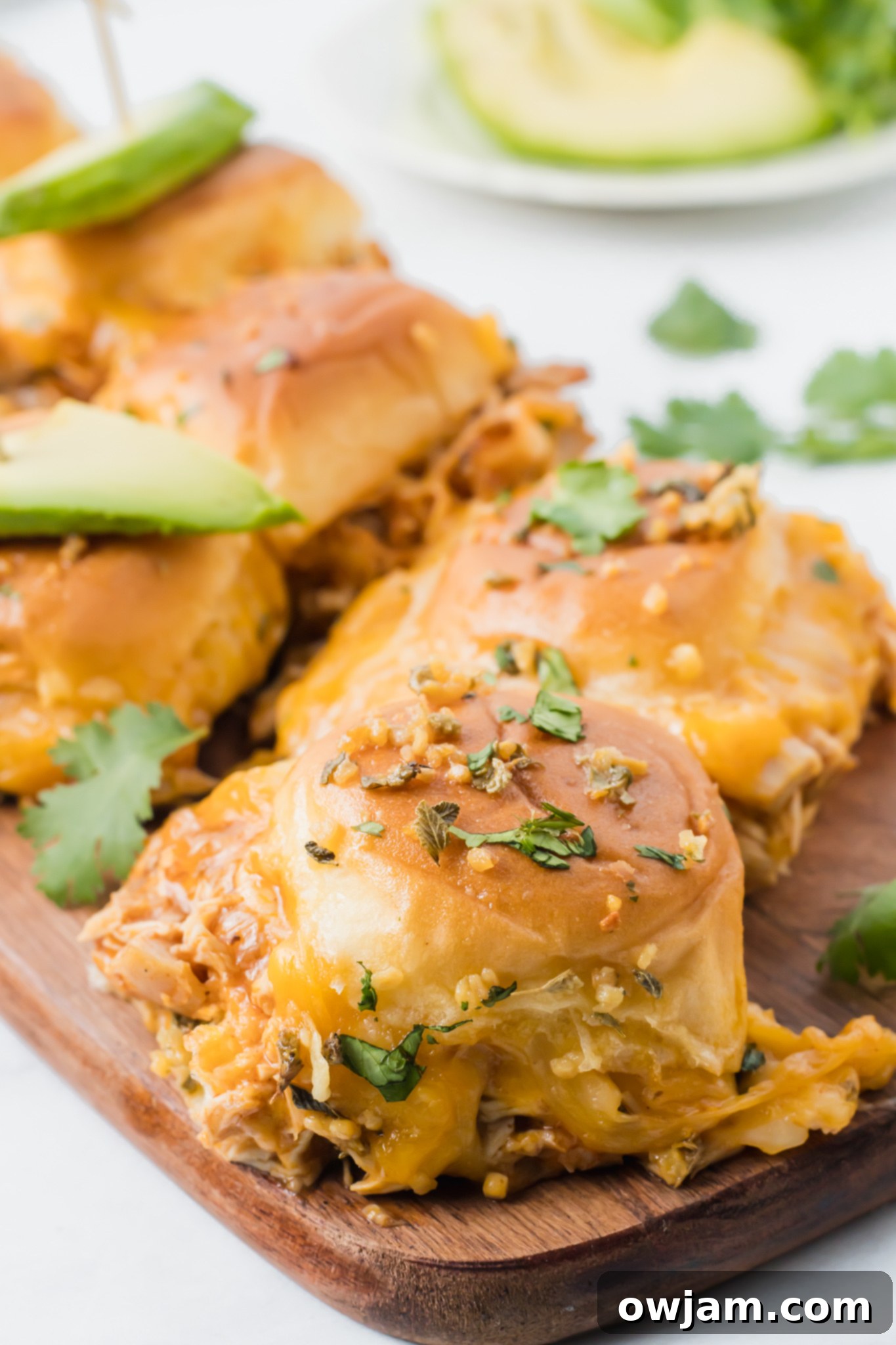 Irresistible Chicken Enchilada Sliders 4 Chicken Enchilada Sliders with dried Mexican oregano sprinkled on top of the buns.