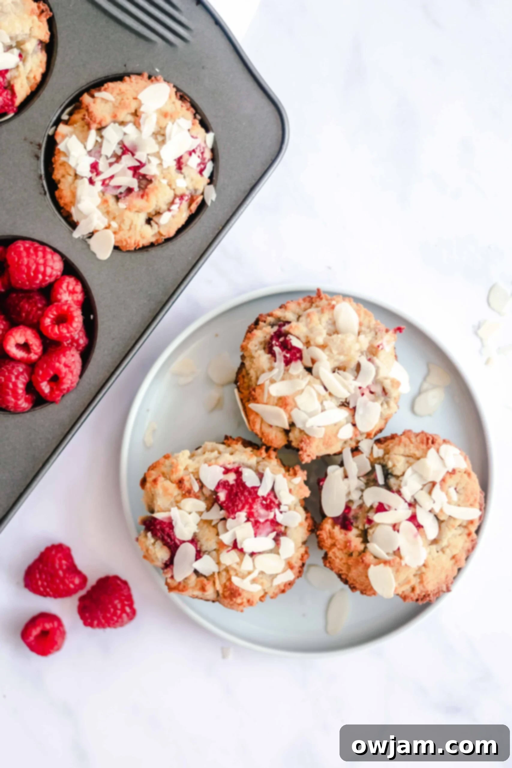 Close-up of fluffy Keto Raspberry Muffins on a white plate, showcasing their texture and vibrant berries.