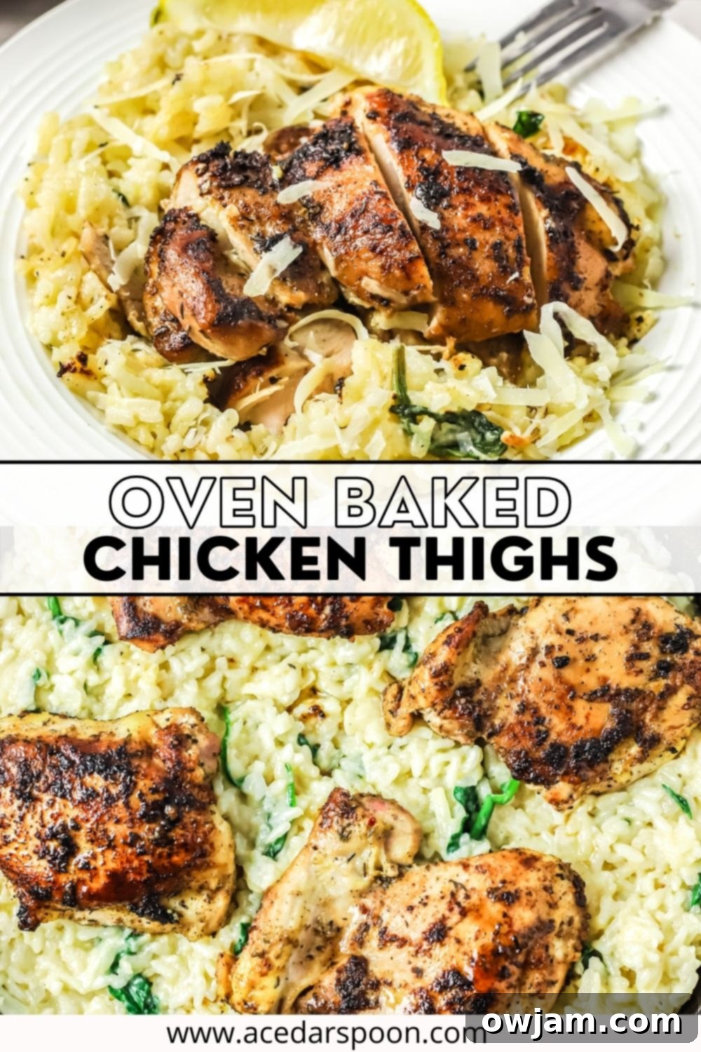 Oven Baked Chicken Thighs with Risotto with logo. 
