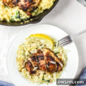 Oven Baked Chicken Thighs with Risotto with fork.