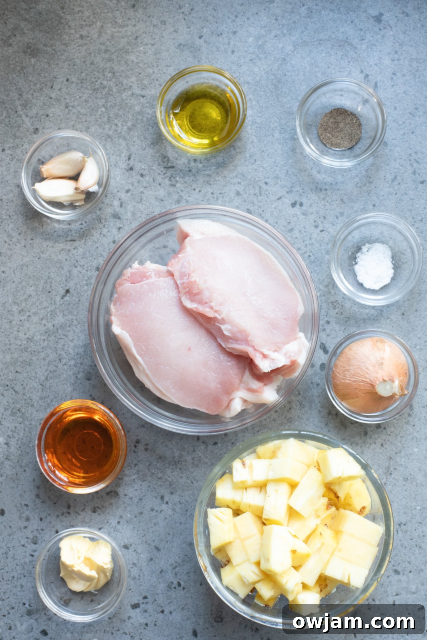 Golden Parmesan Pork Chops 3 A selection of fresh ingredients including pineapple, onion, and garlic, laid out for a pork chop recipe.