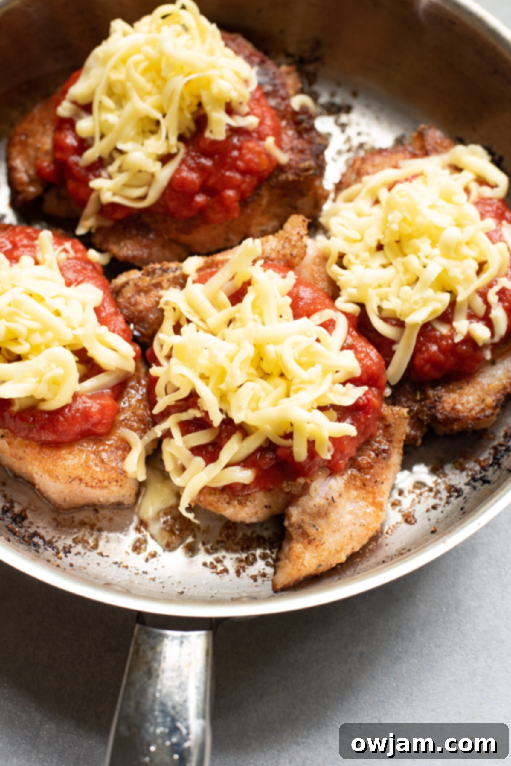 Golden Parmesan Pork Chops 8 Parmesan Crusted Pork Chops freshly baked with melted mozzarella and marinara sauce, garnished with parsley.
