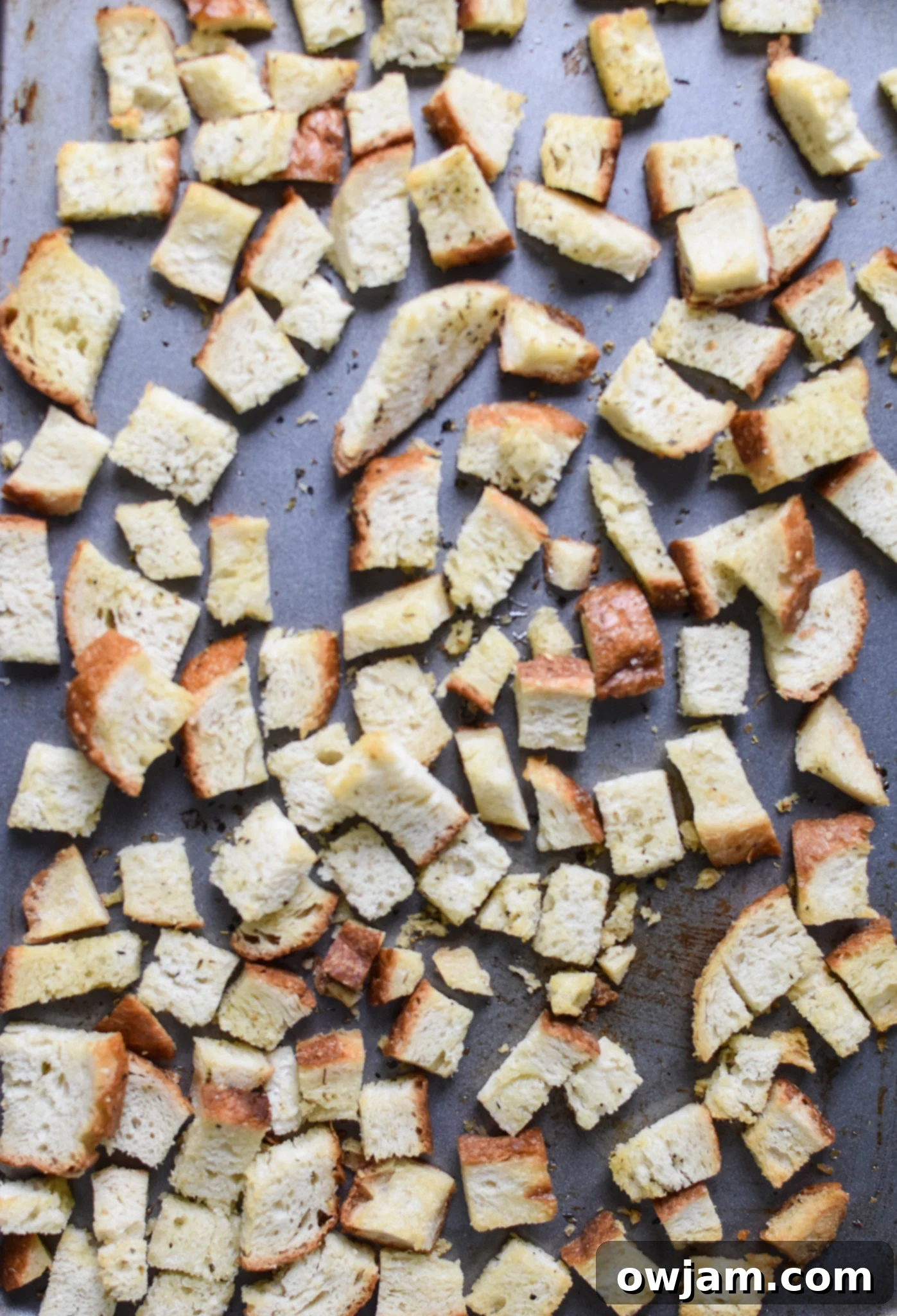 Roasted Vegetable Salad croutons on a baking sheet. 