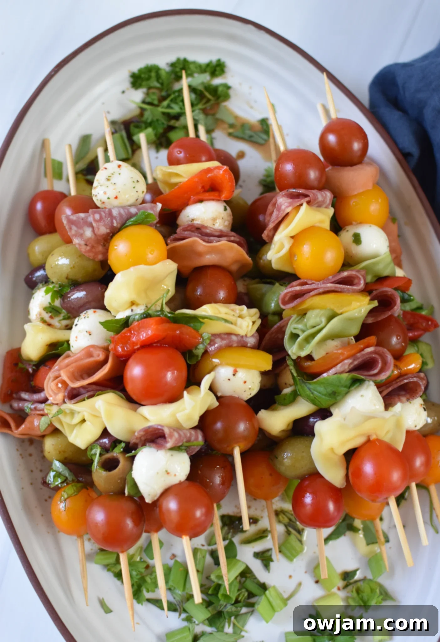 Italian Skewer Medley 5 A stunning platter of Antipasto Skewers, showcasing their colorful appeal and fresh ingredients.